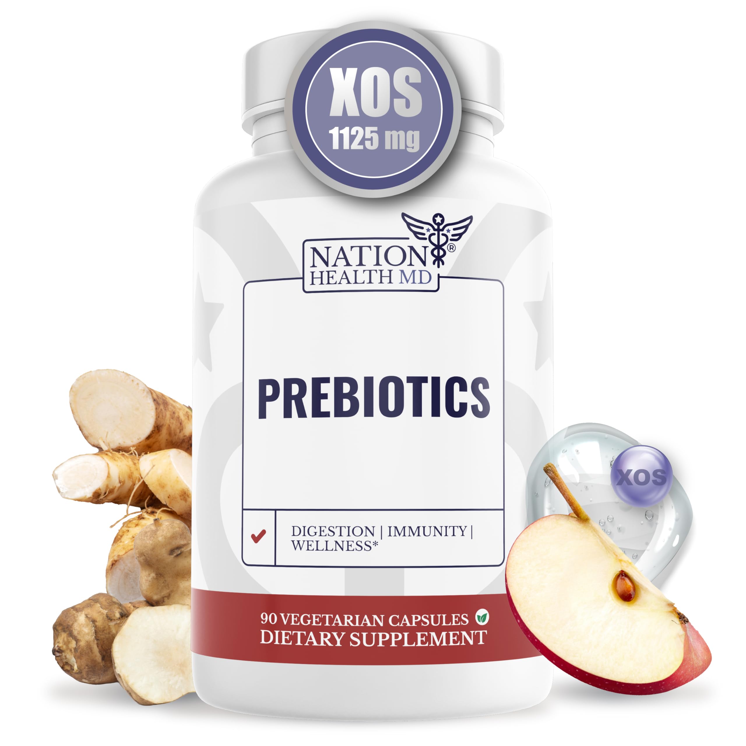 NATION HEALTH MD Prébiotiques – flacon de capsules, soutien digestif potentiel.