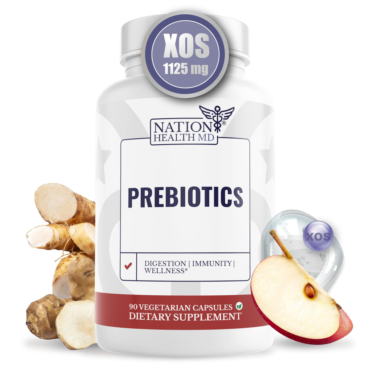 NATION HEALTH MD Prébiotiques – flacon de capsules, soutien digestif potentiel.