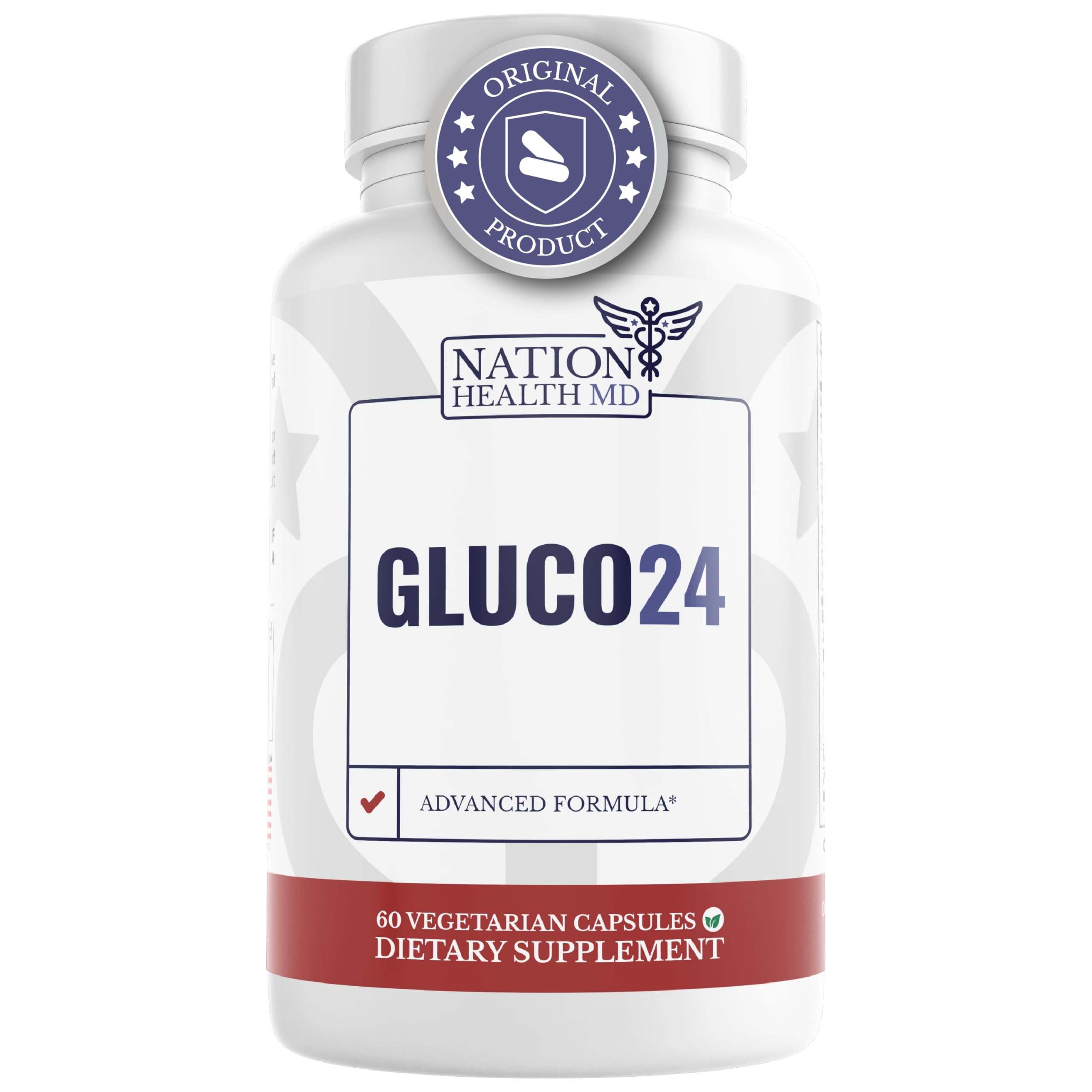 Gluco24 de Nation Health MD: bouteille énergie stable pour routine active.