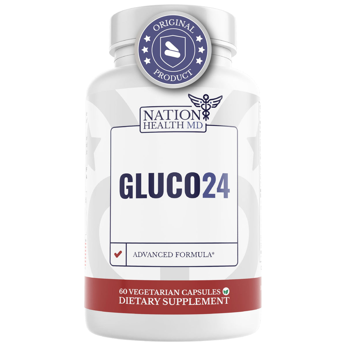Gluco24 de Nation Health MD: bouteille énergie stable pour routine active.