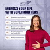 Nation Health MD Reds – ingrédients visibles sur l’emballage, fruits et légumes.