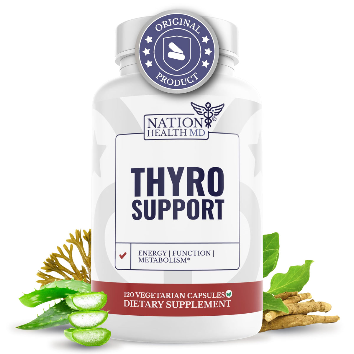 NATION HEALTH MD Thyro Support – bouteille vue de face pour le soutien thyroïdien potentiel.
