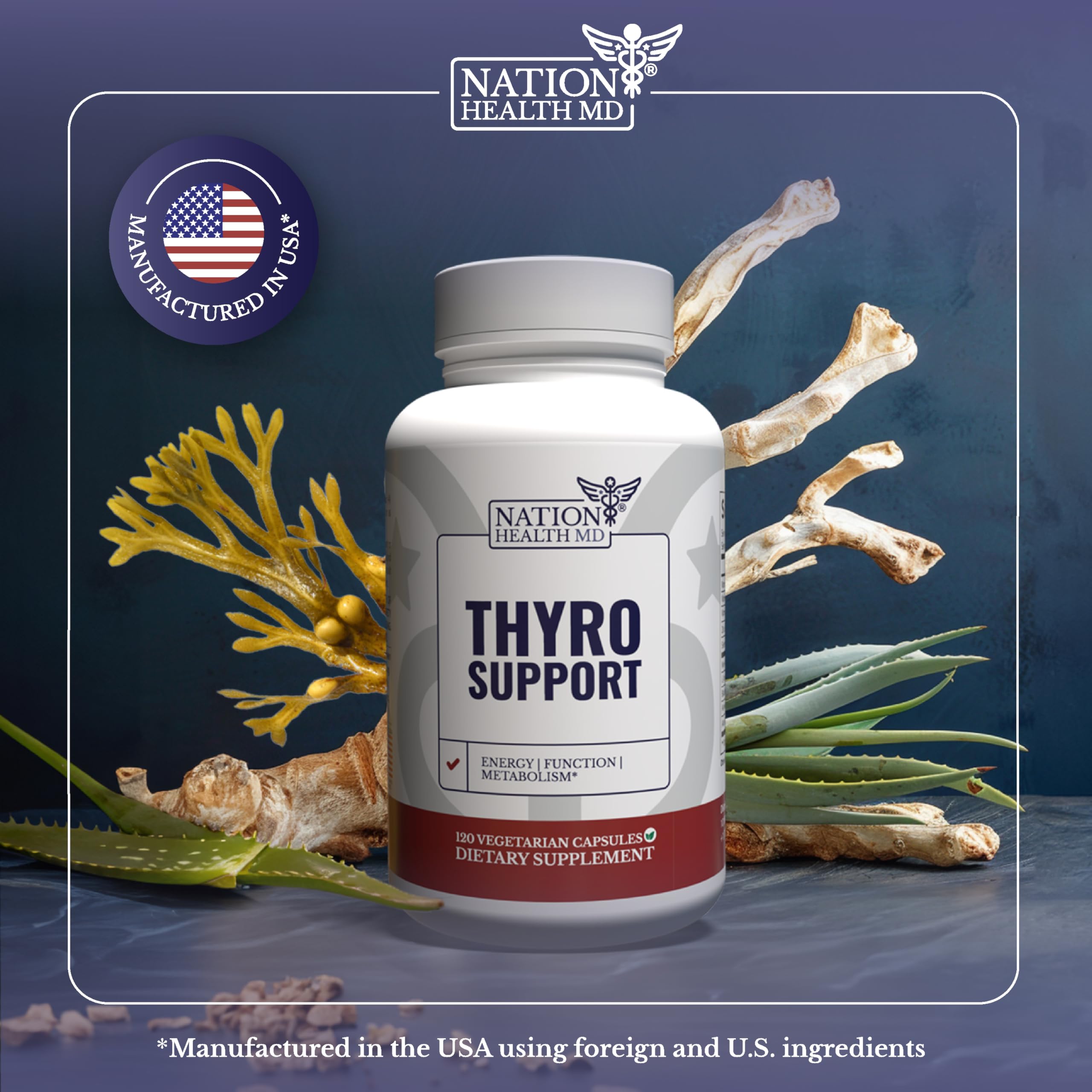 NATION HEALTH MD Thyro Support – ashwagandha dans la formule, soutien potentiel au bien-être.