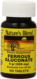 Nature's Blend gluconate ferreux 324 mg, comprimés visibles, utilisation quotidienne possible.