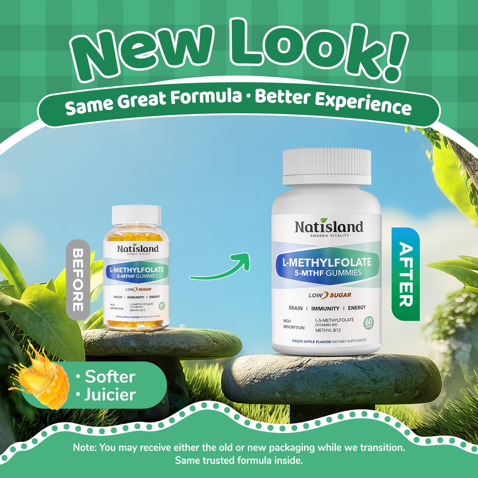 Bouteille NATISLAND L‑Methylfolate gommes sur étagère, format pratique.