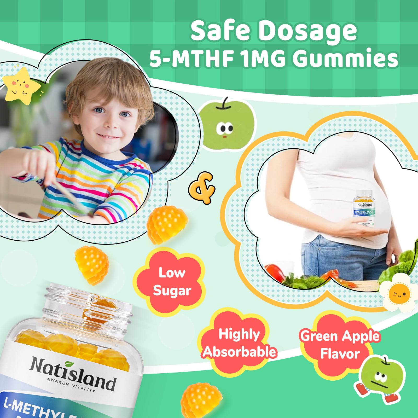 Ingrédients NATISLAND L‑Methylfolate gommes visibles sur l’étiquette.