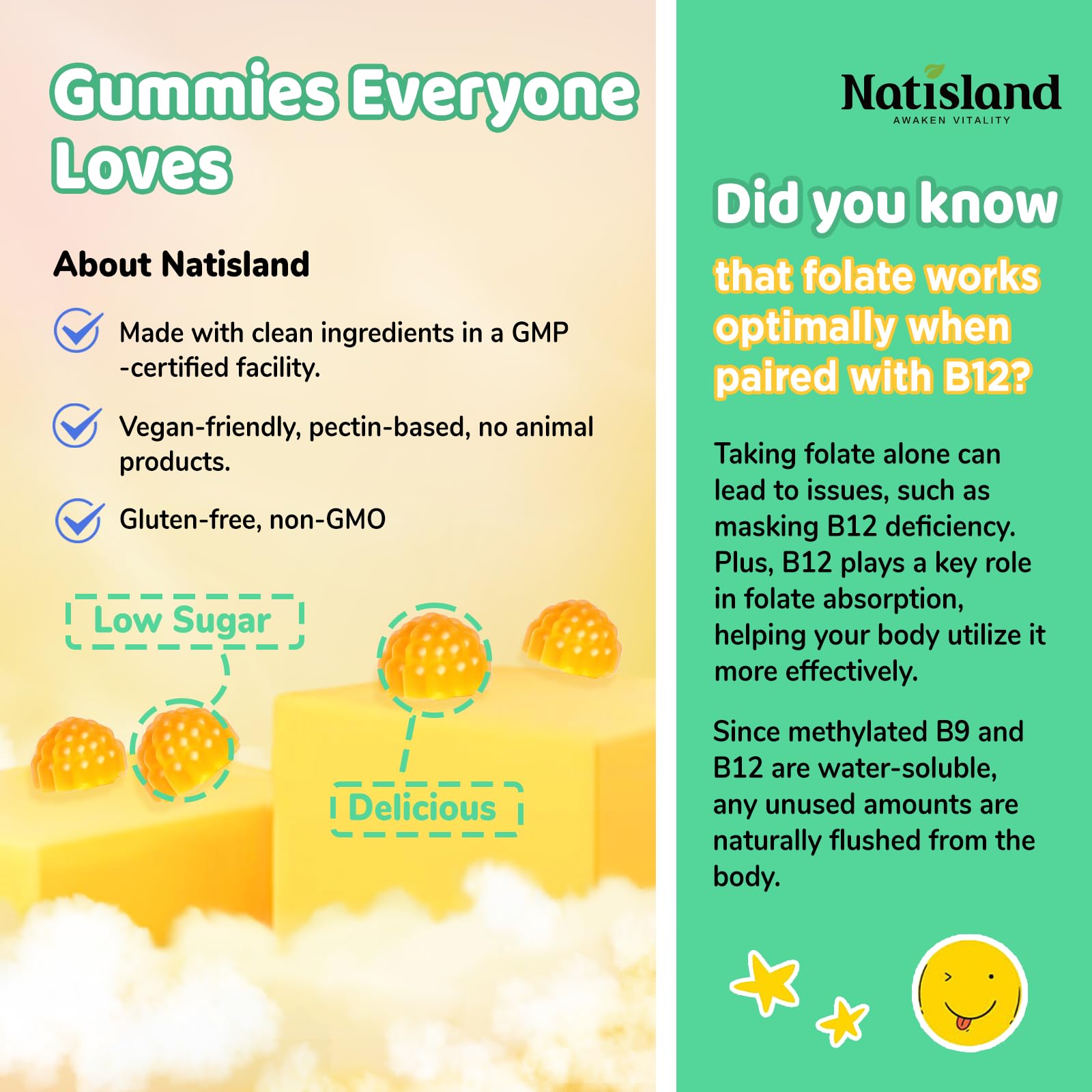 Gommes NATISLAND L‑Methylfolate sans allergènes, adaptées à toute la famille.