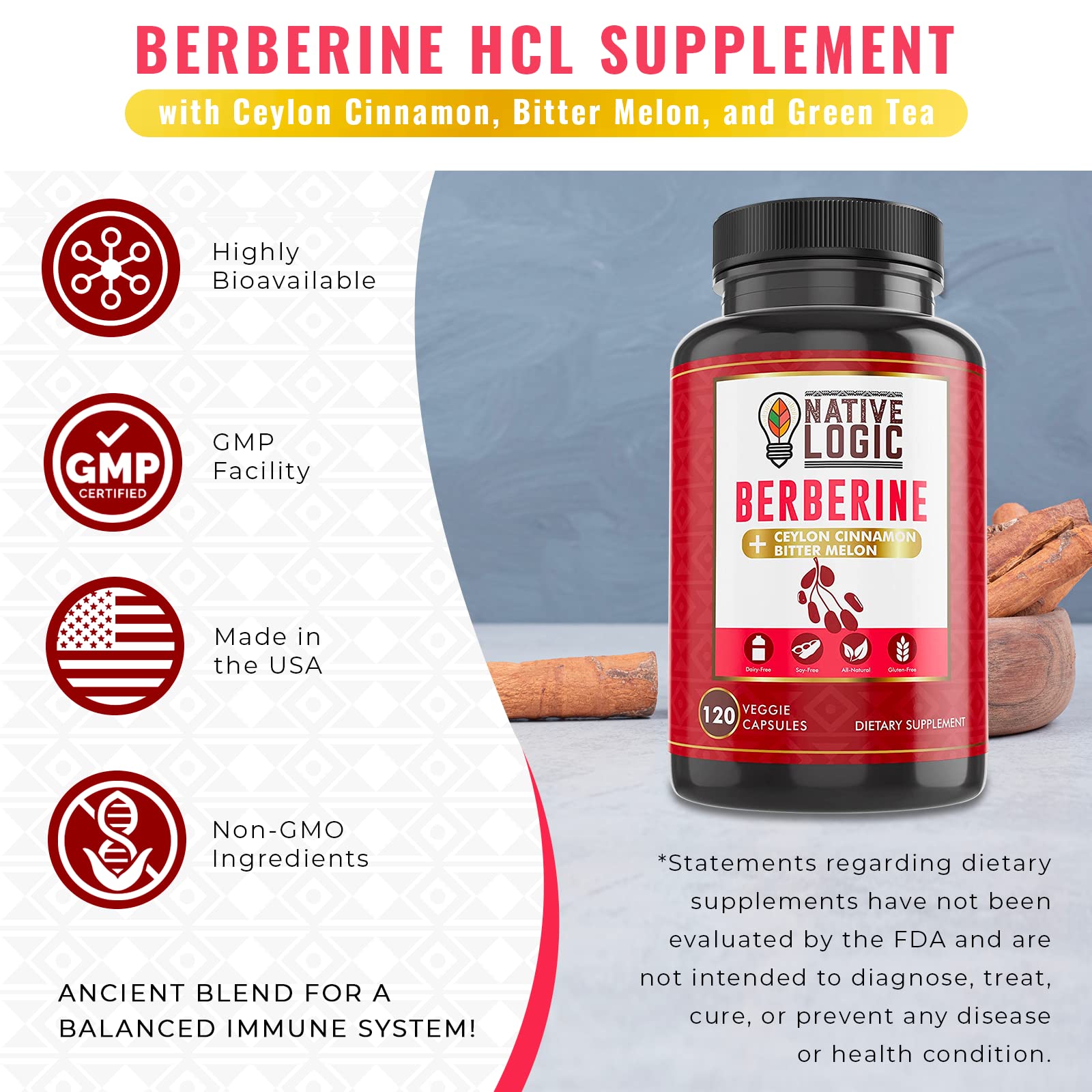 Native Logic berberine-hcl-cannelle-bio, capsules, absorption améliorée et vitalité.