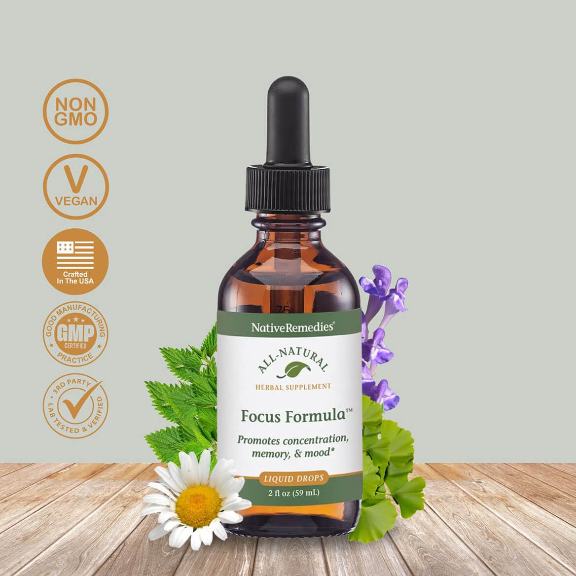 Native Remedies Focus Formula – flacon avec pipette, facilité d’utilisation lors de la routine journalière.