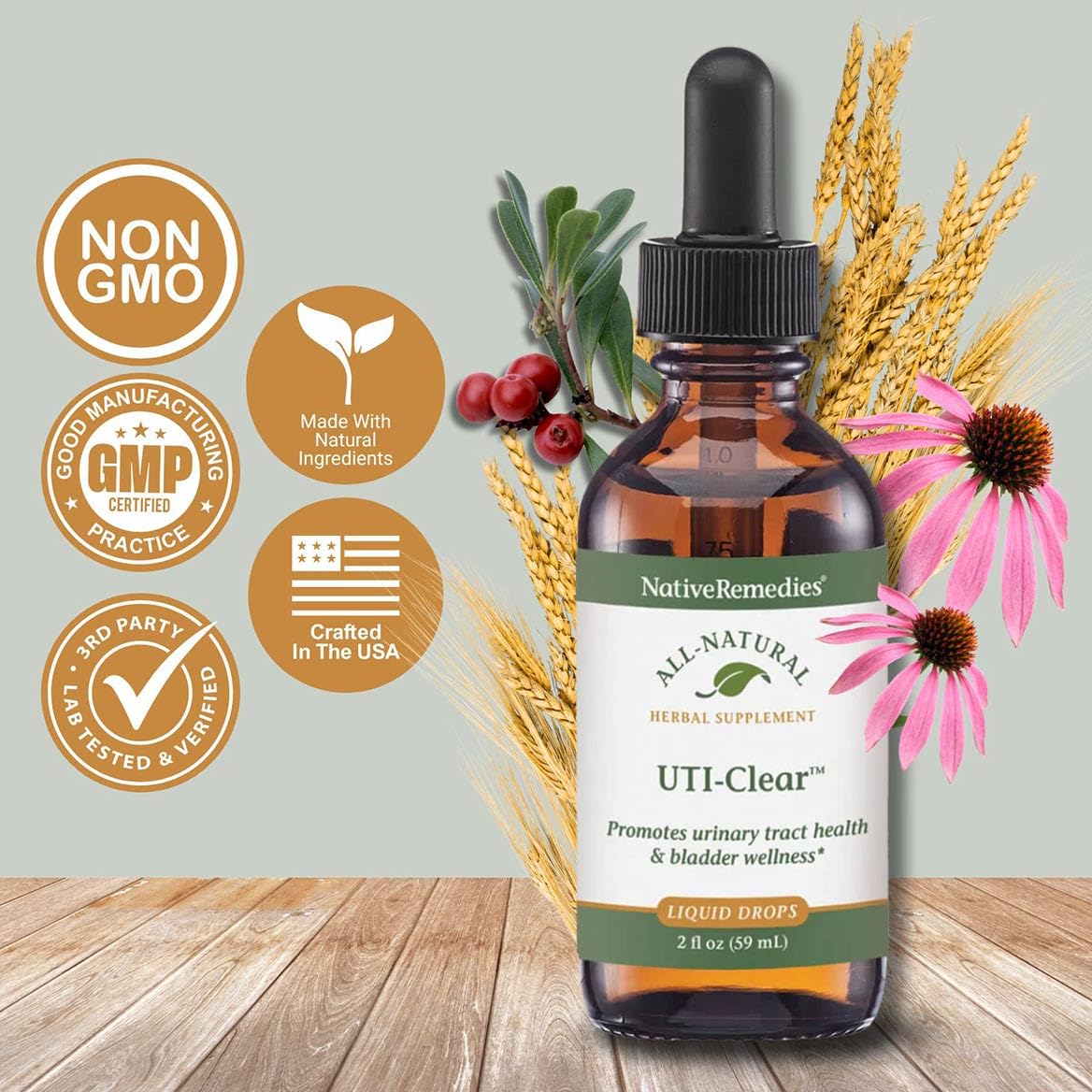 Native Remedies UTI-Clear - gouttes en gros plan montrant la consistance naturelle.
