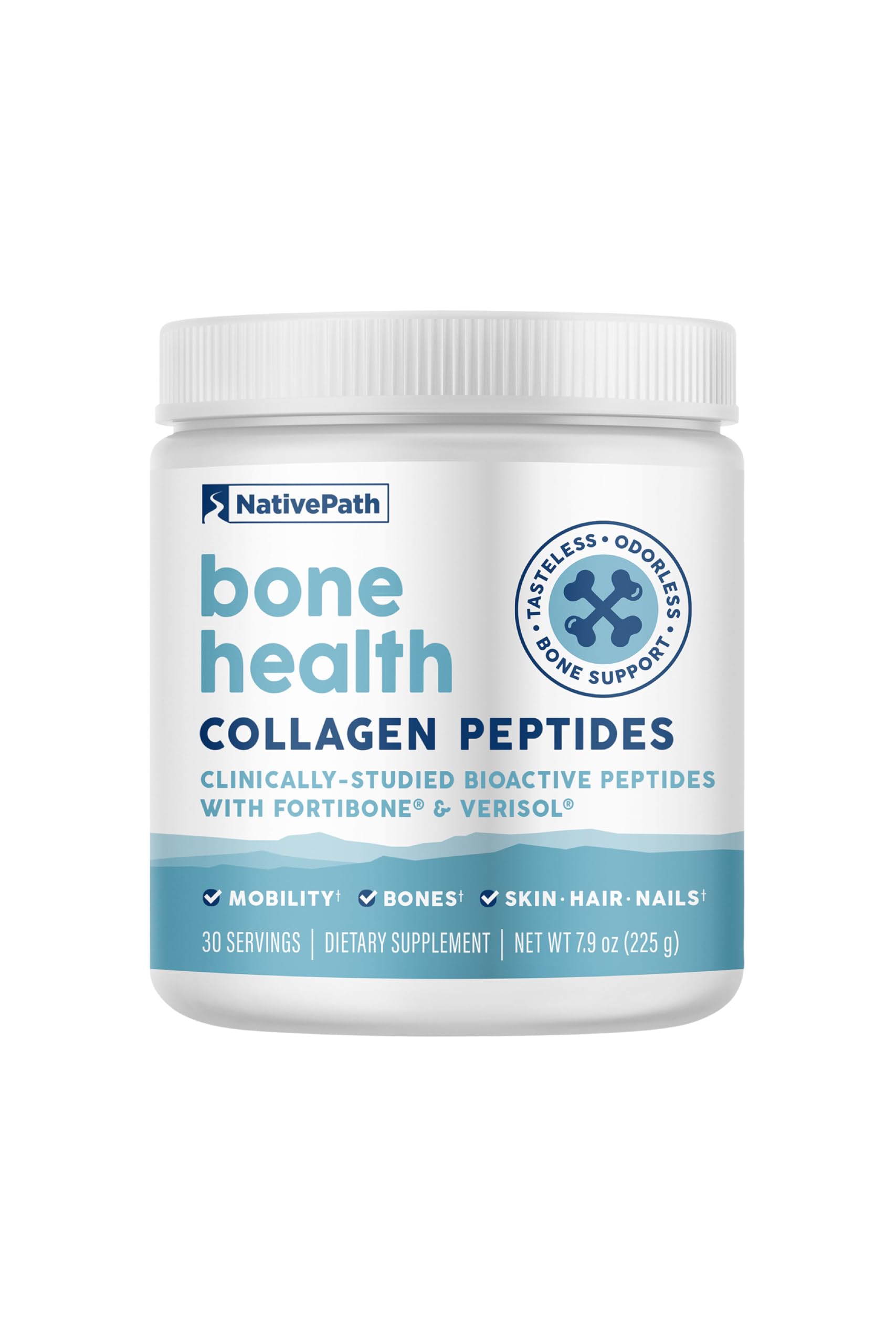 NativePath Bone Health Collagen Peptides, bouteille, soutien potentiel des os et des articulations.