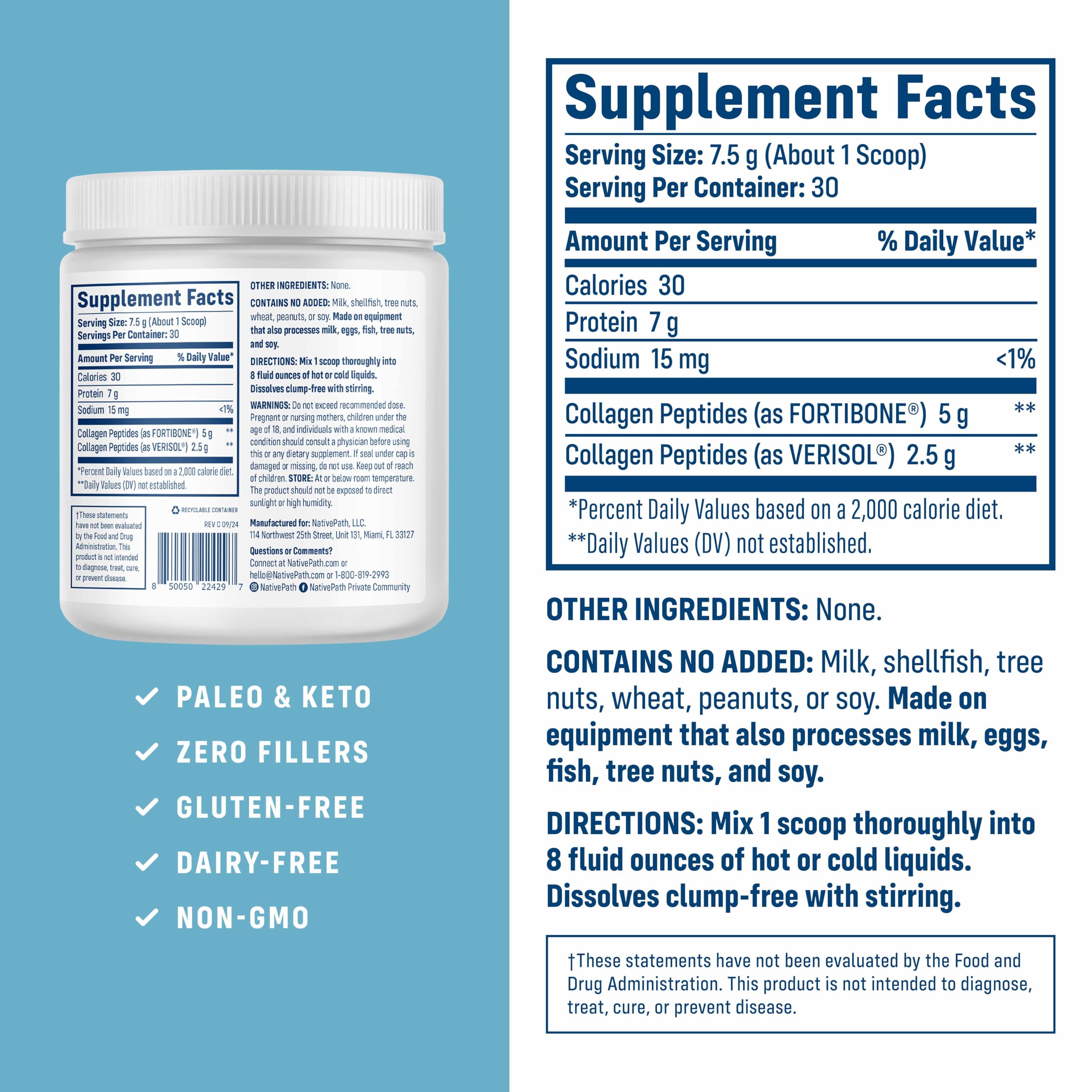 NativePath Bone Health Fortibone et Verisol, ingrédients clés pour les effets possibles sur la peau et les ongles.