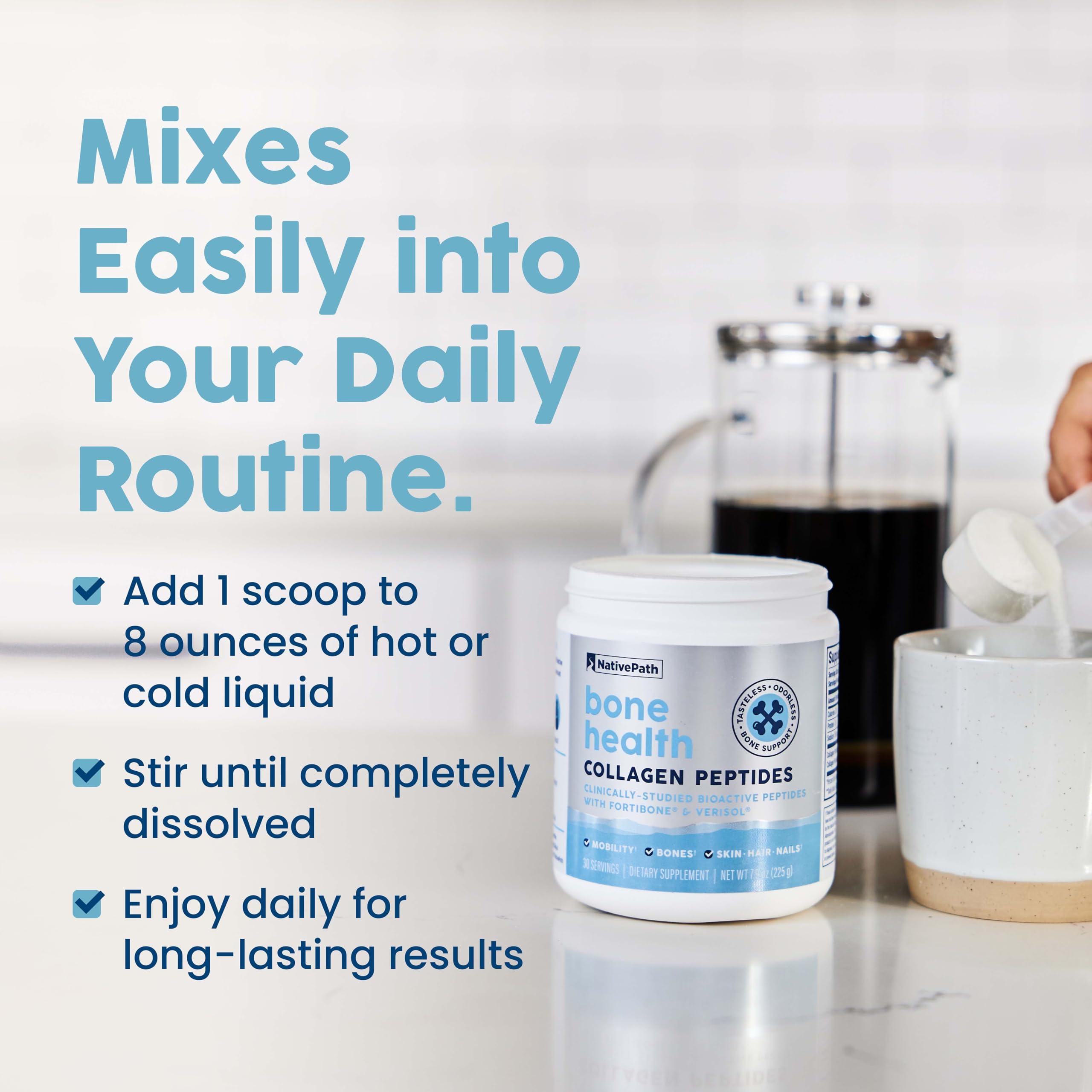 NativePath Bone Health Dosage, portion 5 g Fortibone et 2,5 g Verisol pour un usage quotidien.