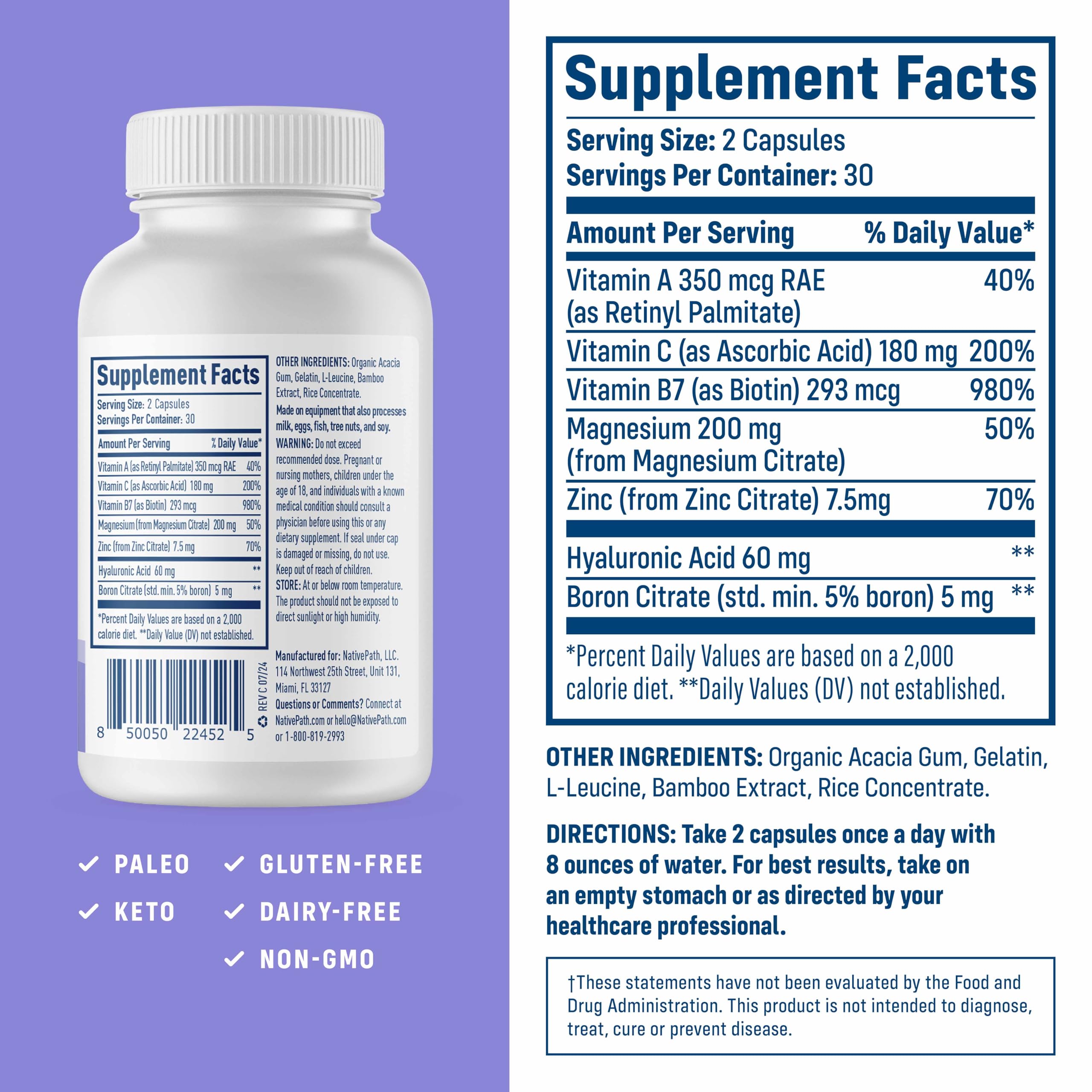 NativePath Collagen Care+ – Gélules visibles pour soutenir le collagène et l'hydratation.