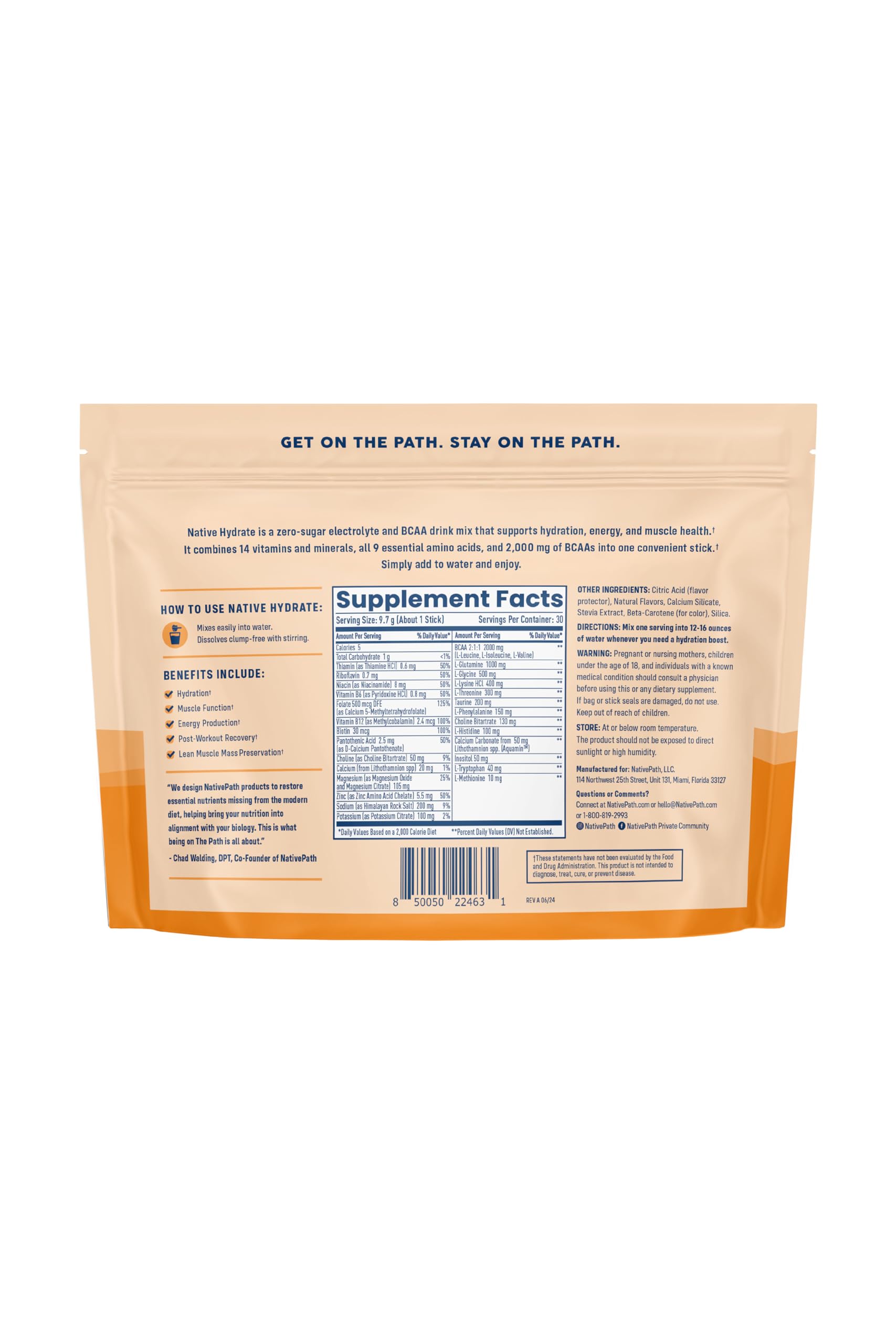 NativePath Hydrate Stick Pack saveur Tangerine, goût fruité et rafraîchissant pour l'eau.