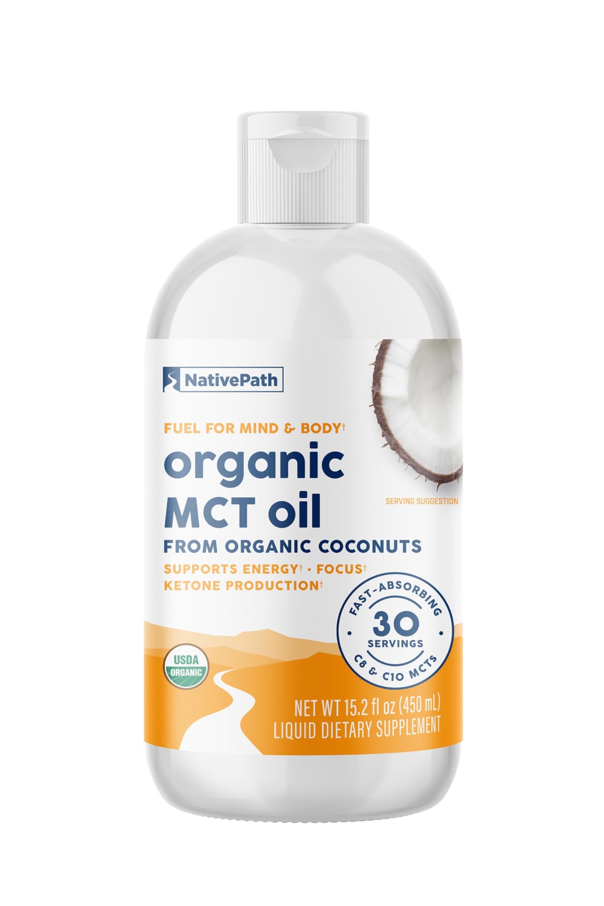 NativePath MCT huile biologique liquide versée dans bouteille, énergie légère