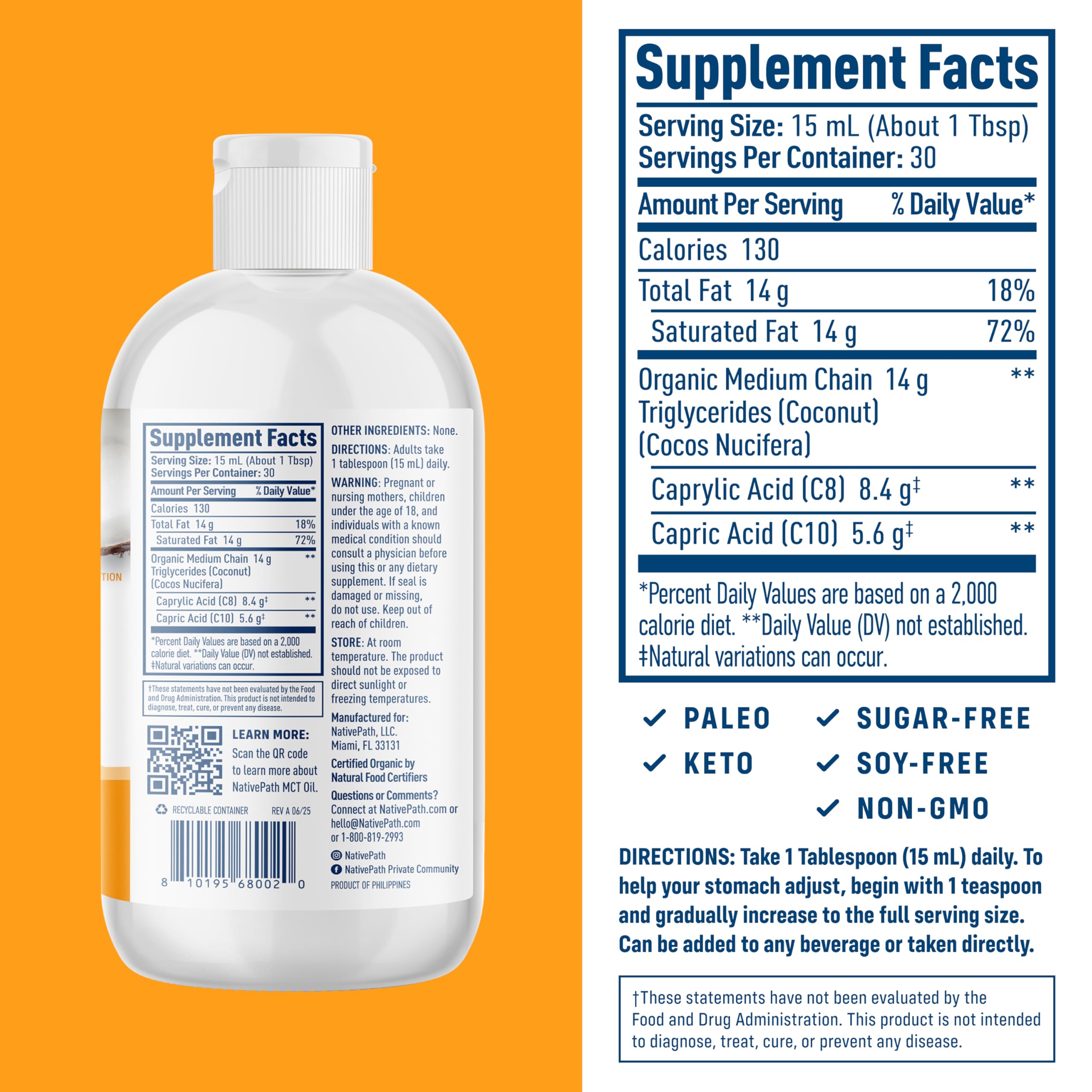 Étiquette bio NativePath MCT huile liquide, pureté et transparence