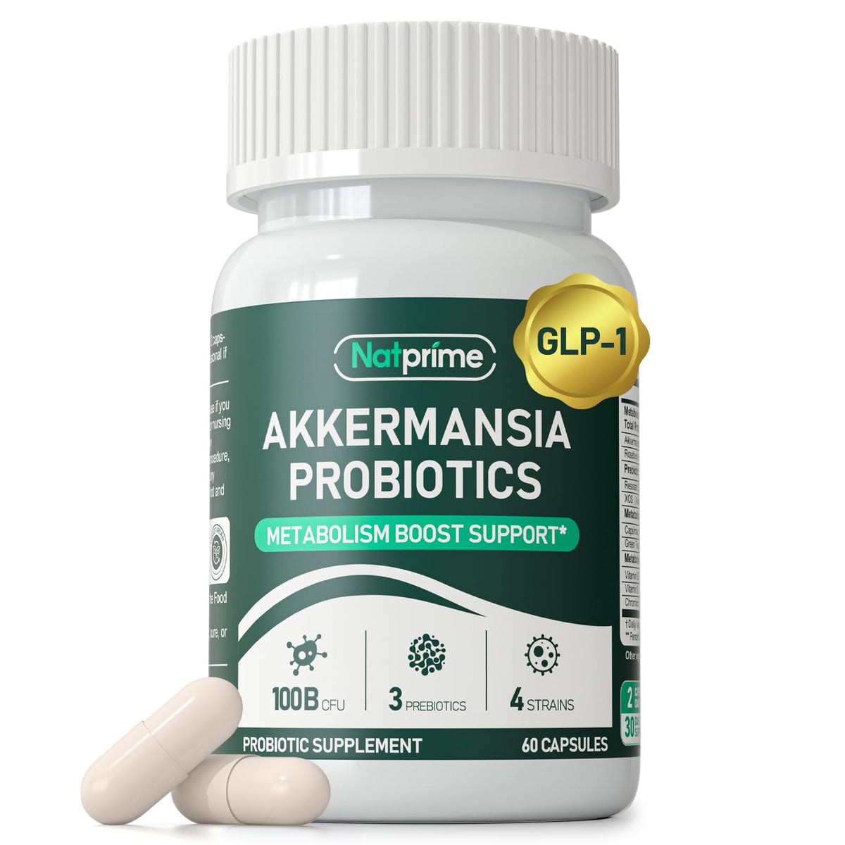 Natprime Akkermansia Probiotique dans sa bouteille, soutien digestif quotidien.