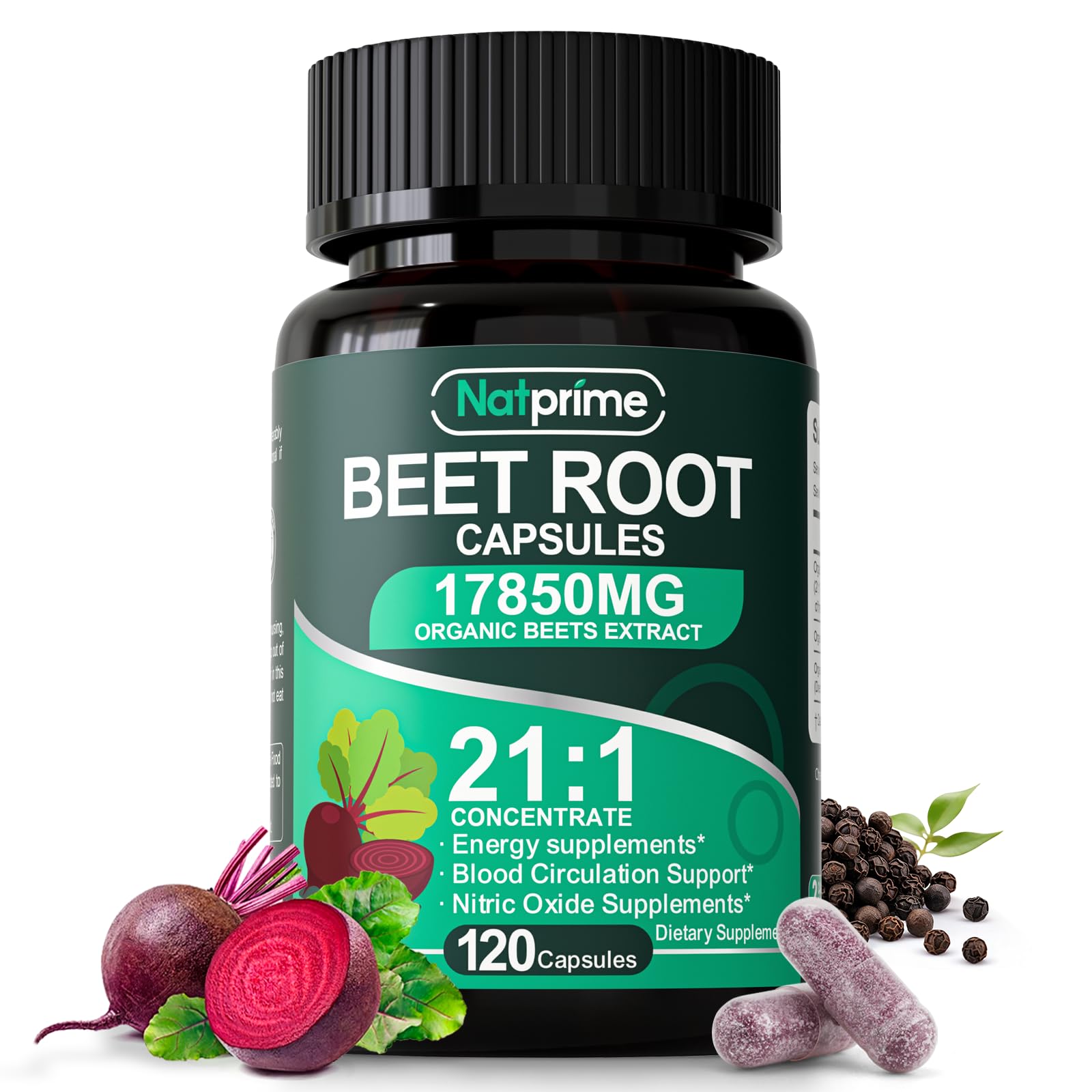 Natprime Betterave biologique: bouteille de capsules faciles à avaler pour énergie durable.