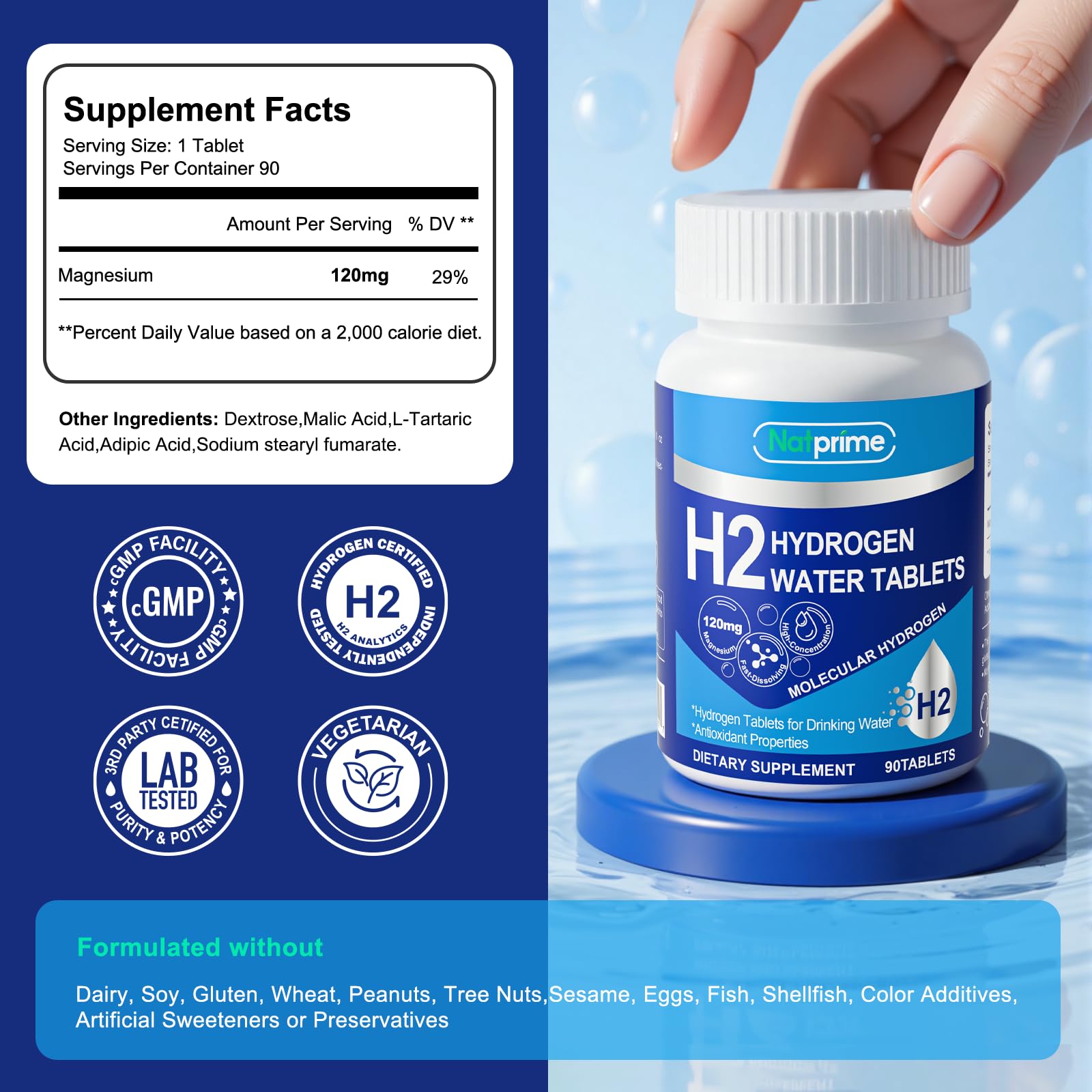 Natprime tablettes eau hydrogene base magnesium libération d hydrogene dans l eau