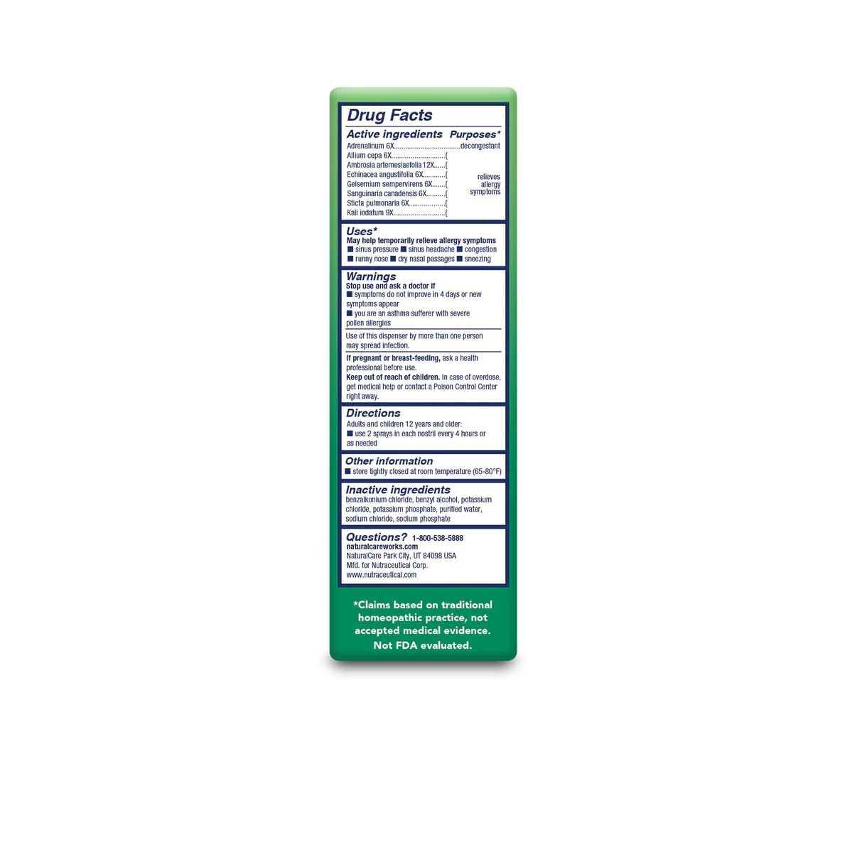 Natra-Bio NaturalCare spray nasal — applicateur en vue, utilisation facile contre les allergies saisonnières.