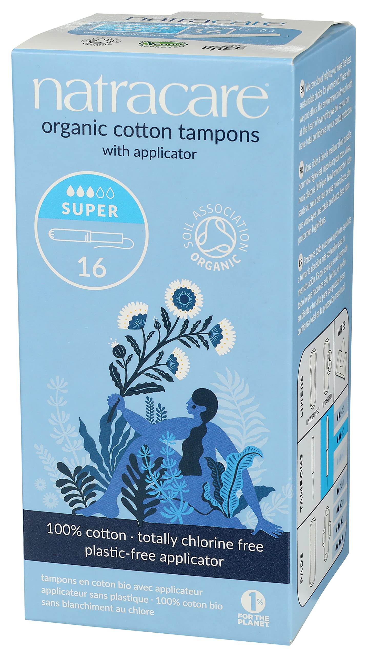 Natracare coton biologique certifié GOTS, sans parfum ni colorants.