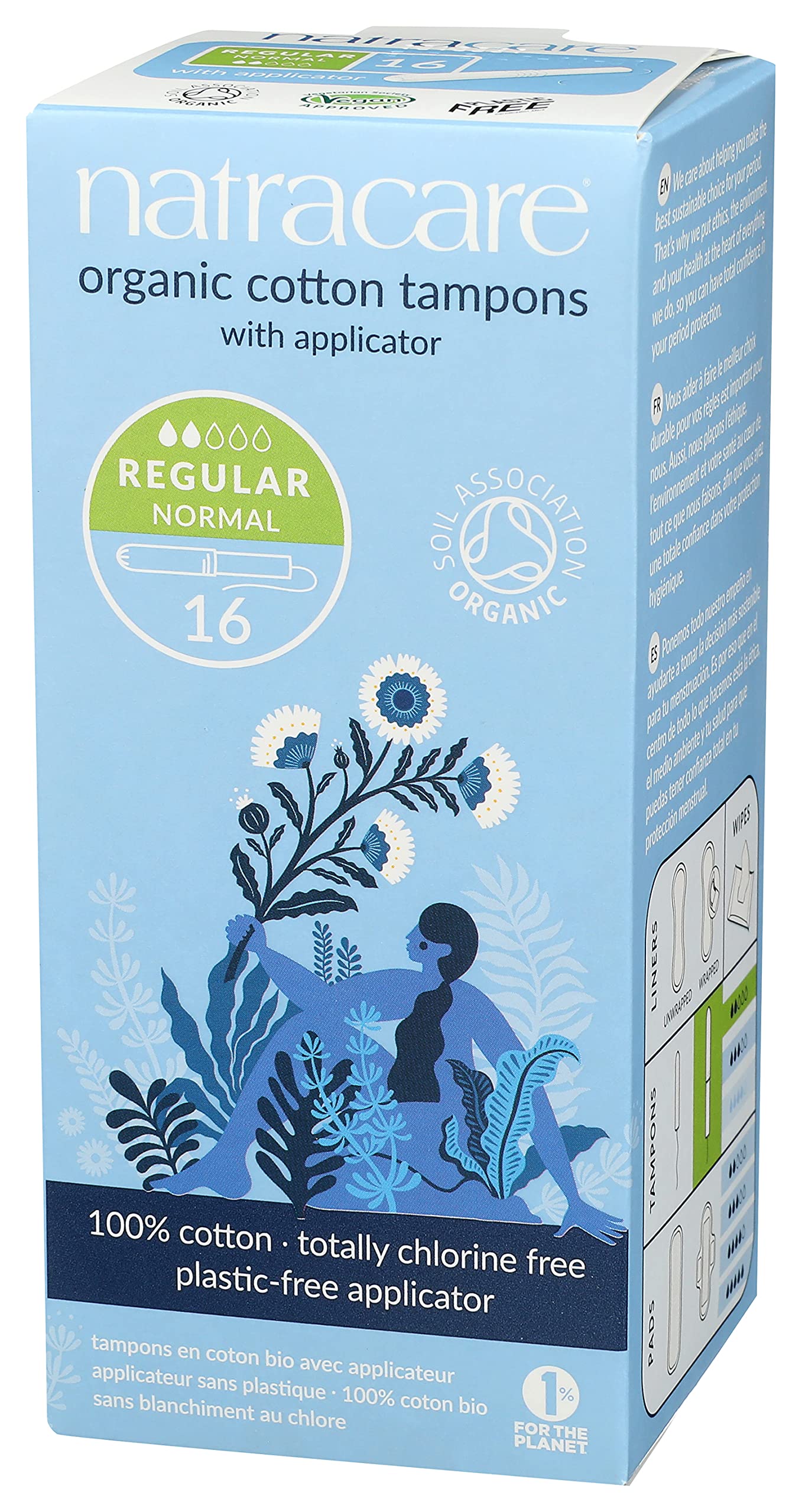 Logo vegan Natracare sur l'emballage, option sans cruauté.