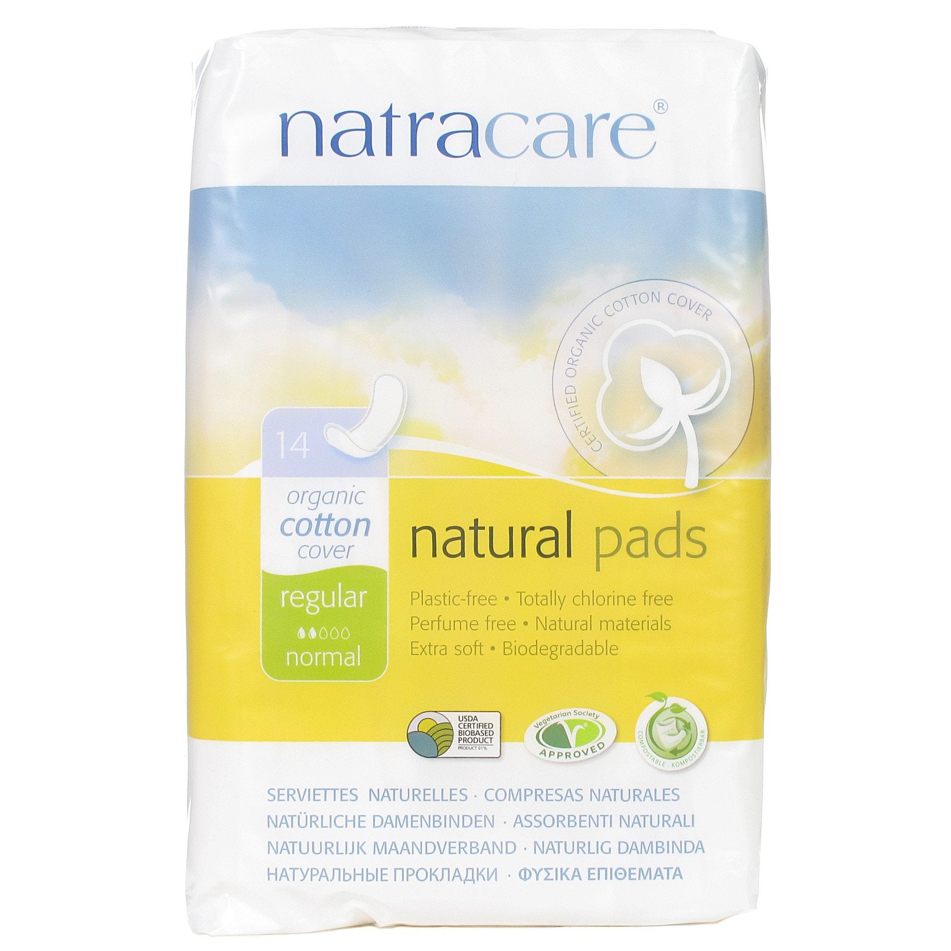 Natracare Pads Maxi Regular emballage, sans plastique ni parfum.