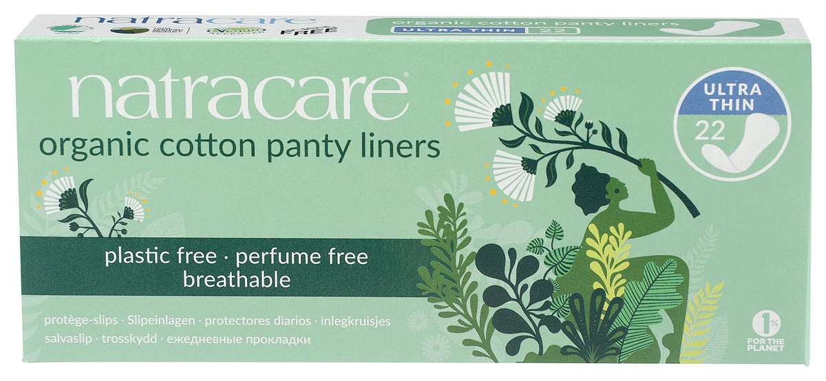 Protège-slip ultra-fin Natracare en coton biologique et emballage sans plastique.