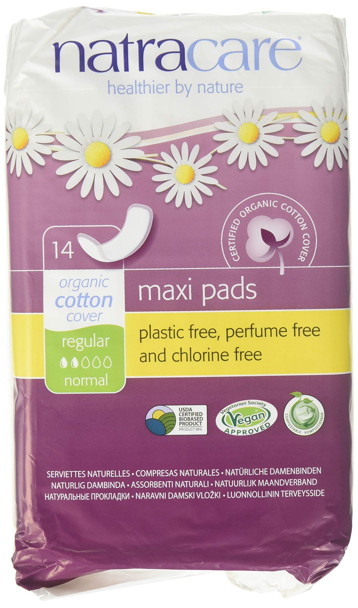 Natracare Serviettes Regular, emballage en 3 boîtes, 42 protections quotidiennes.
