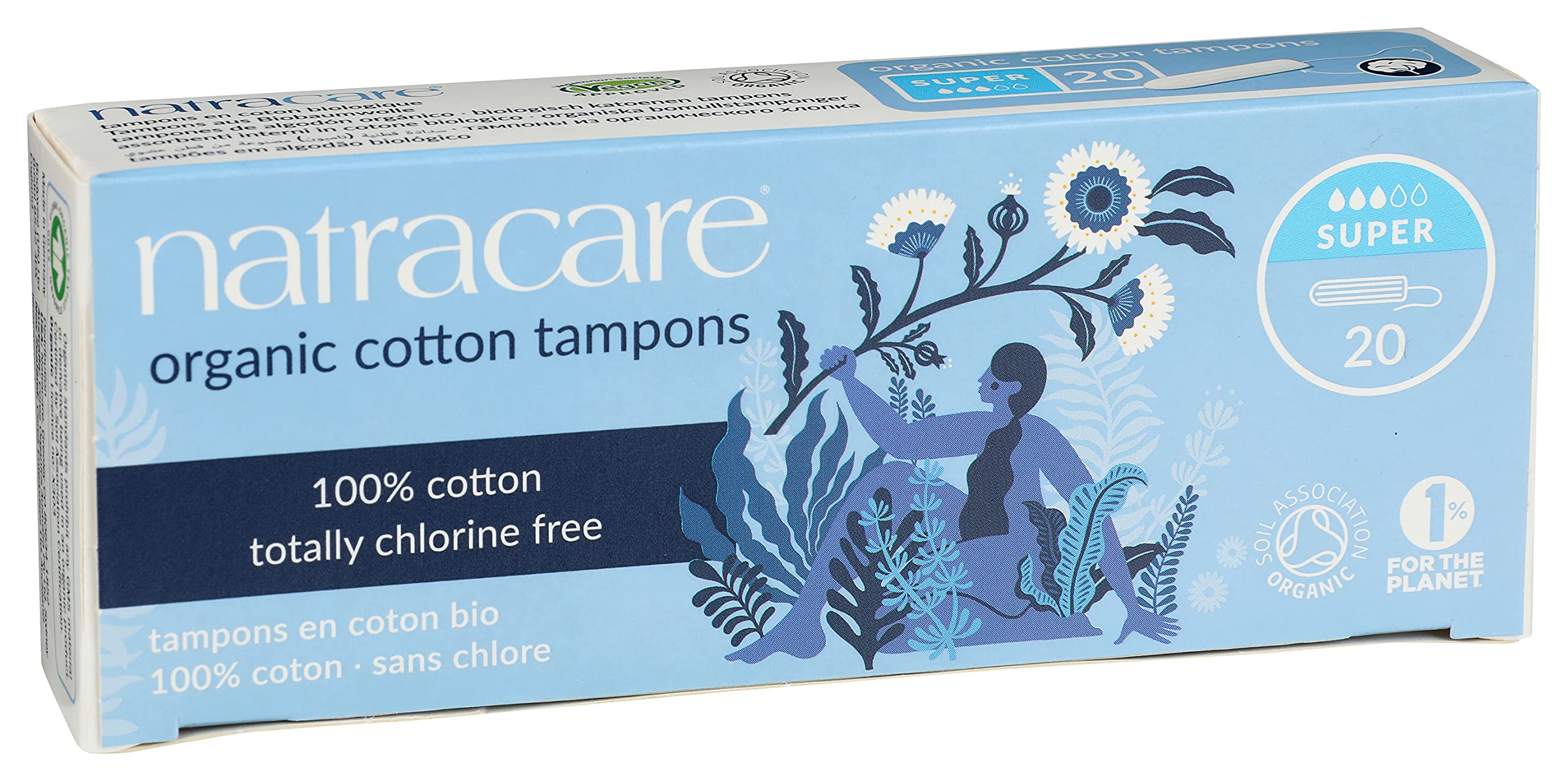 Tampon Natracare coton biologique certifié, sans chlore pour douceur.