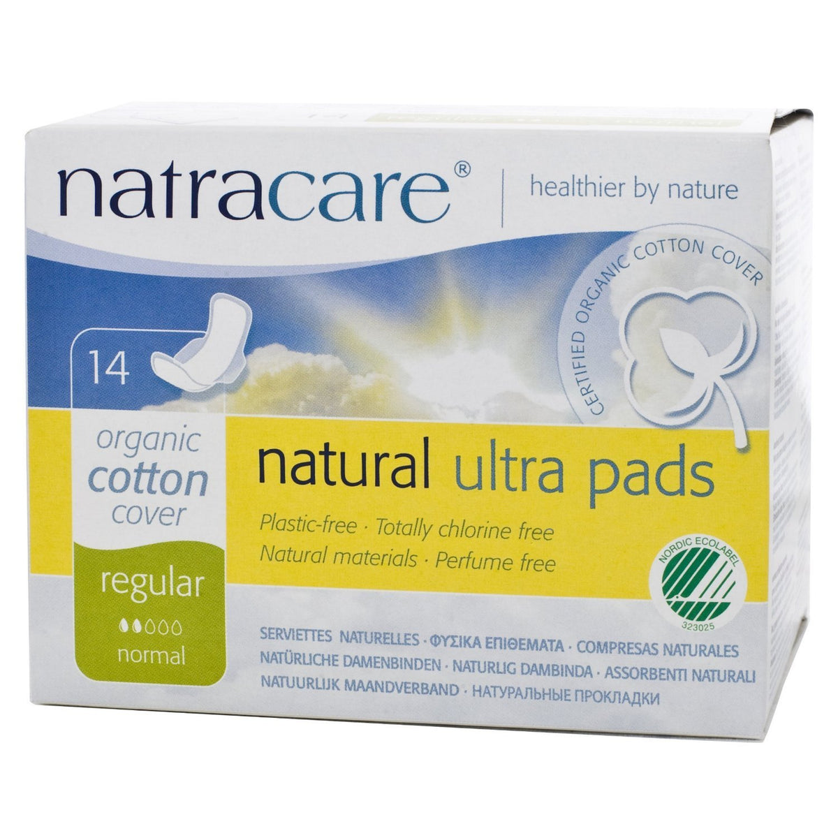 Natracare Ultra avec ailes, boîtes emballages biodégradables pour voyage discret.