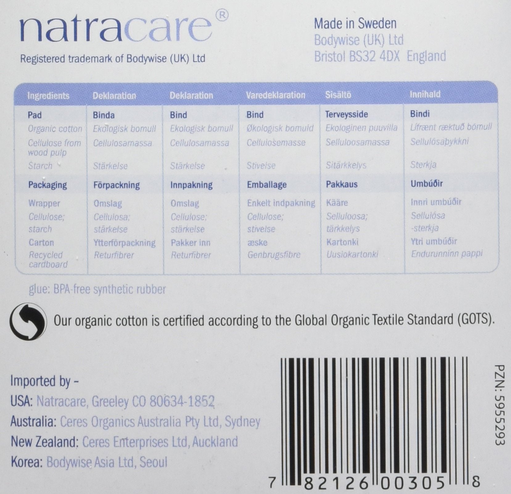 Natracare vegan sans colorants, option éthique.