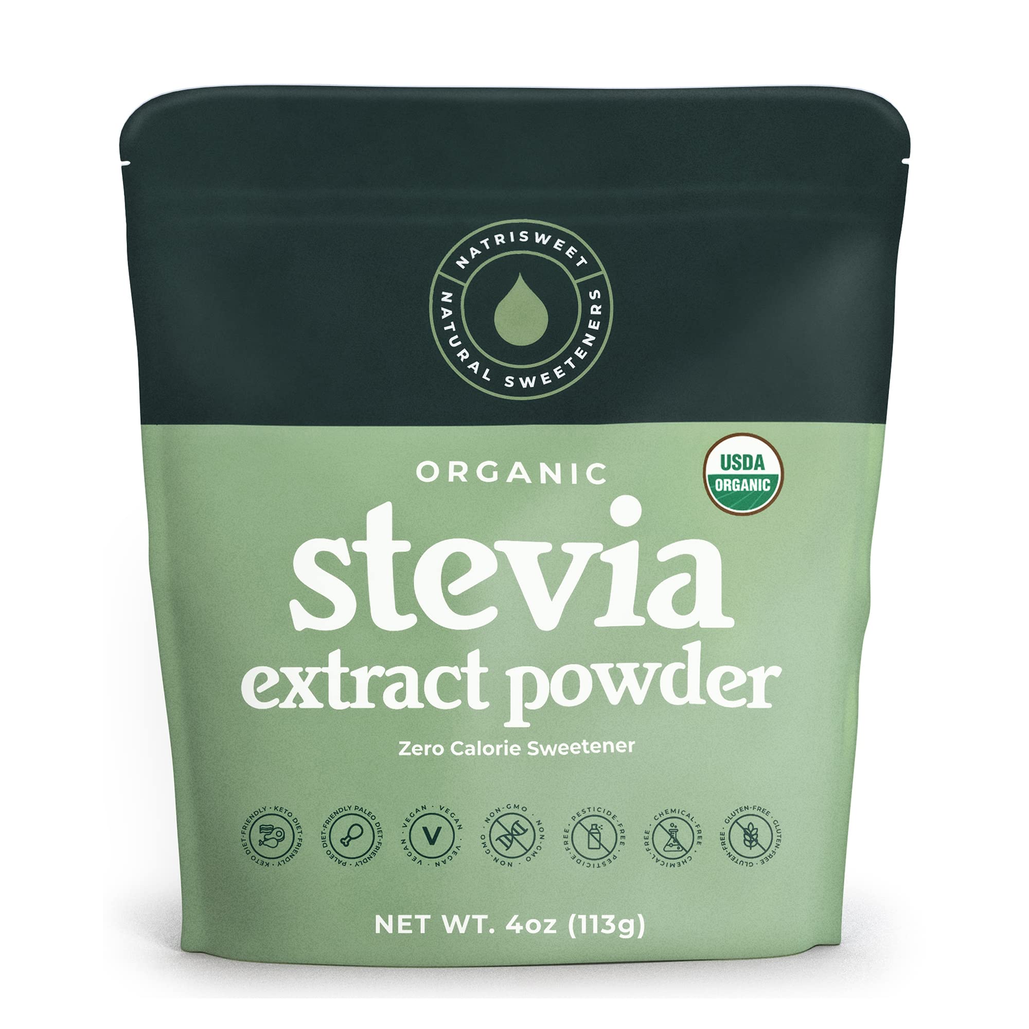NatriSweet poudre d'extrait de stevia en flacon, douceur naturelle sans calories idéale pour cuisiner.