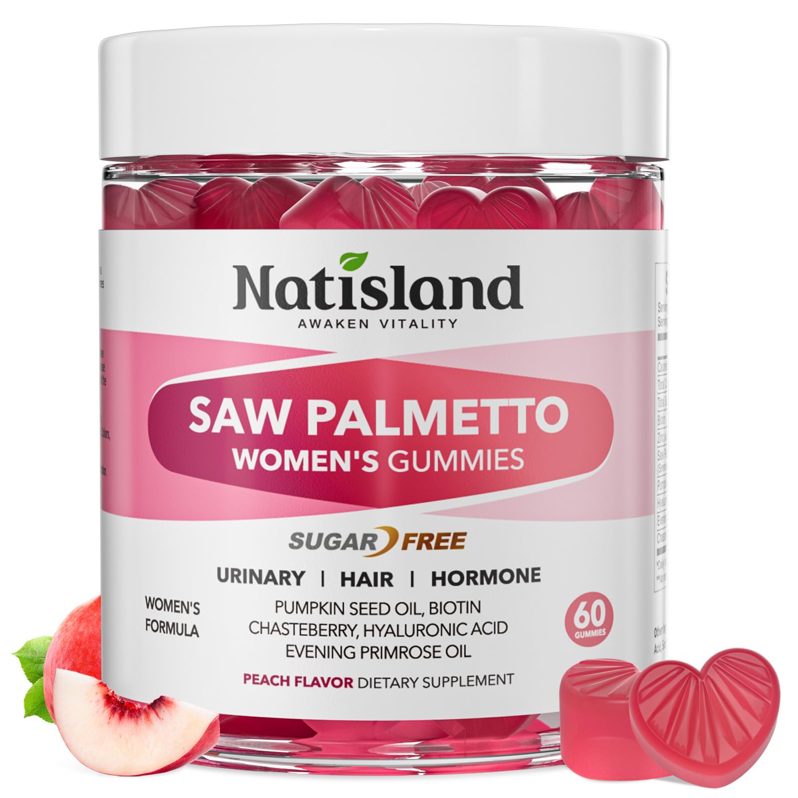 NATISLAND Saw Palmetto pour femmes, flacon de gommes pour routine capillaire.