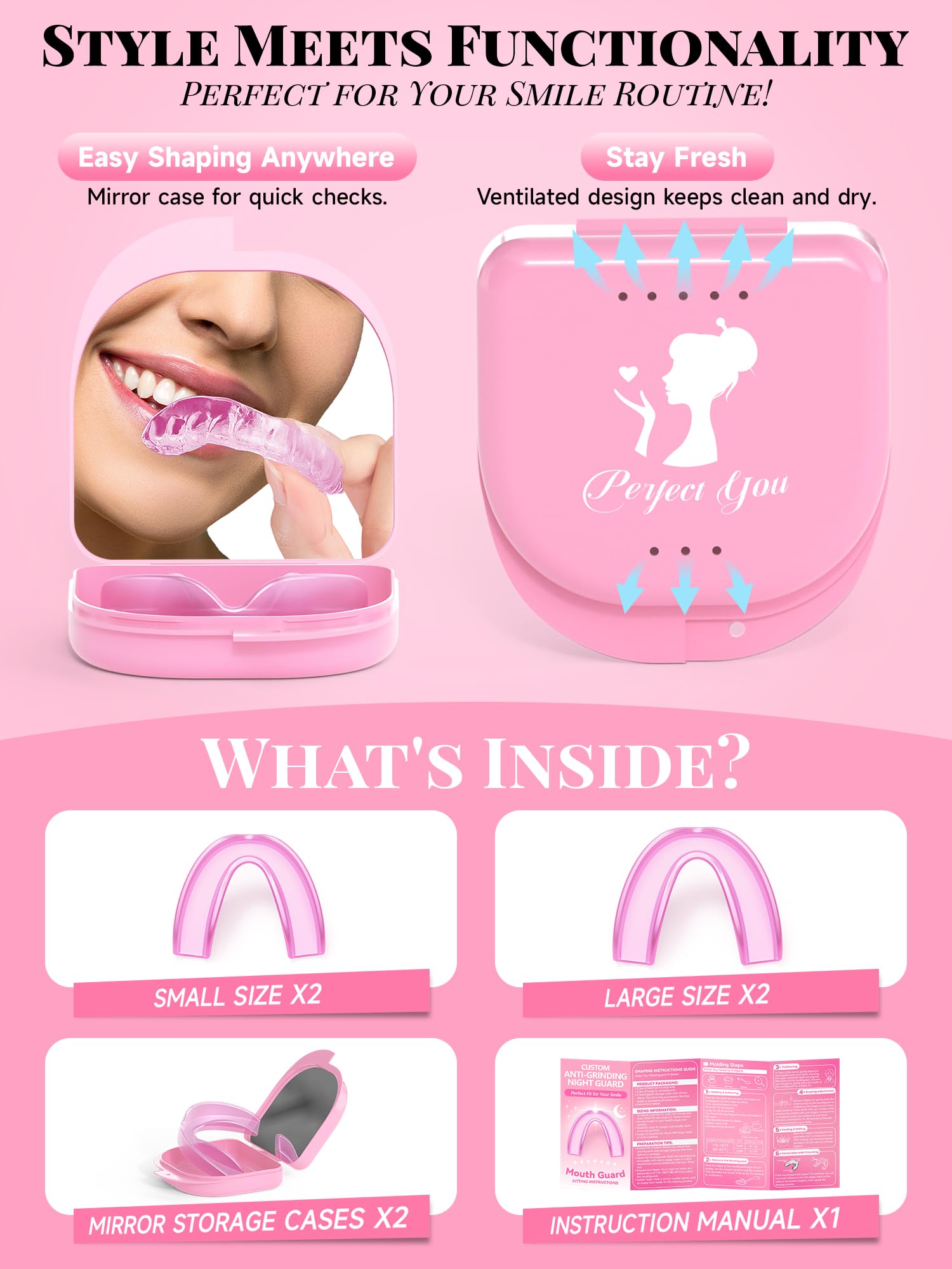 natrlteeth gouttière nocturne rose - deux tailles pour un ajustement optimal
