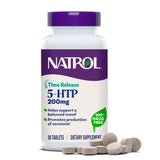 Natrol 5-HTP, bouteille-tablettes montrant le format et le dosage pour une humeur équilibrée au quotidien.