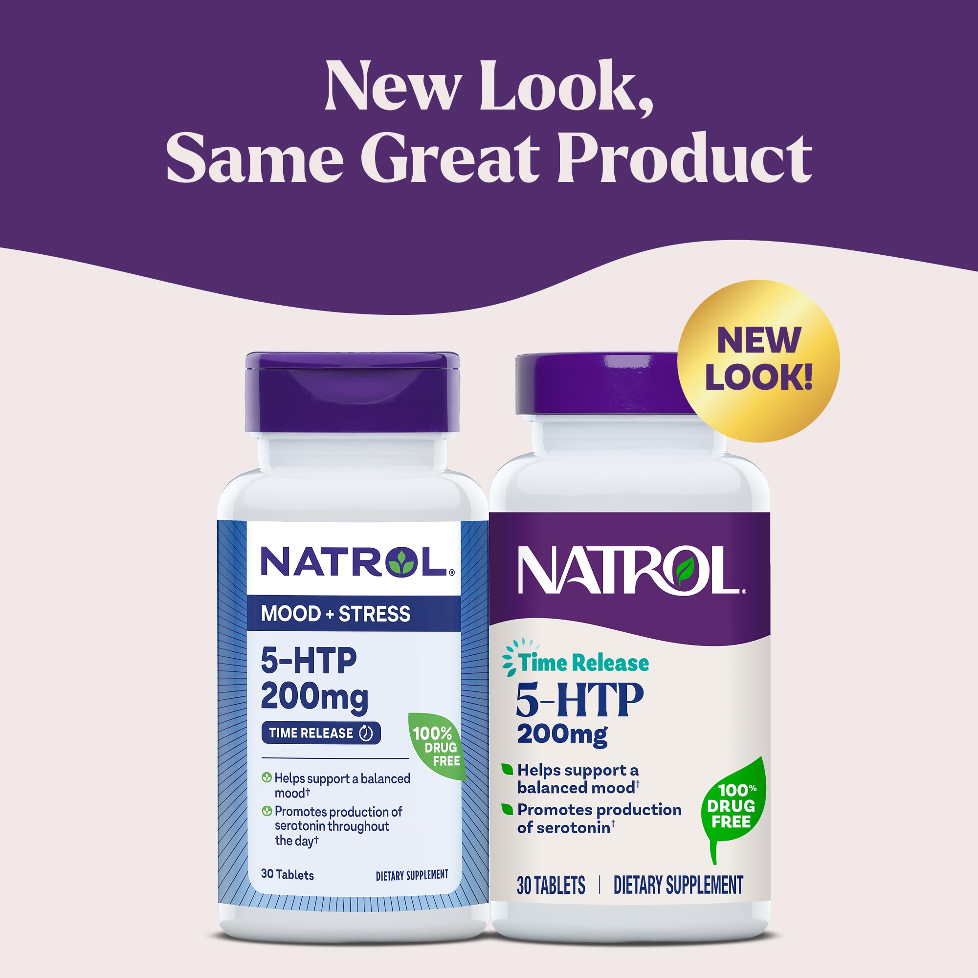 Étiquette Natrol 5-HTP affichant les informations clés du produit et sa libération progressive.