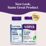 Étiquette Natrol 5-HTP affichant les informations clés du produit et sa libération progressive.