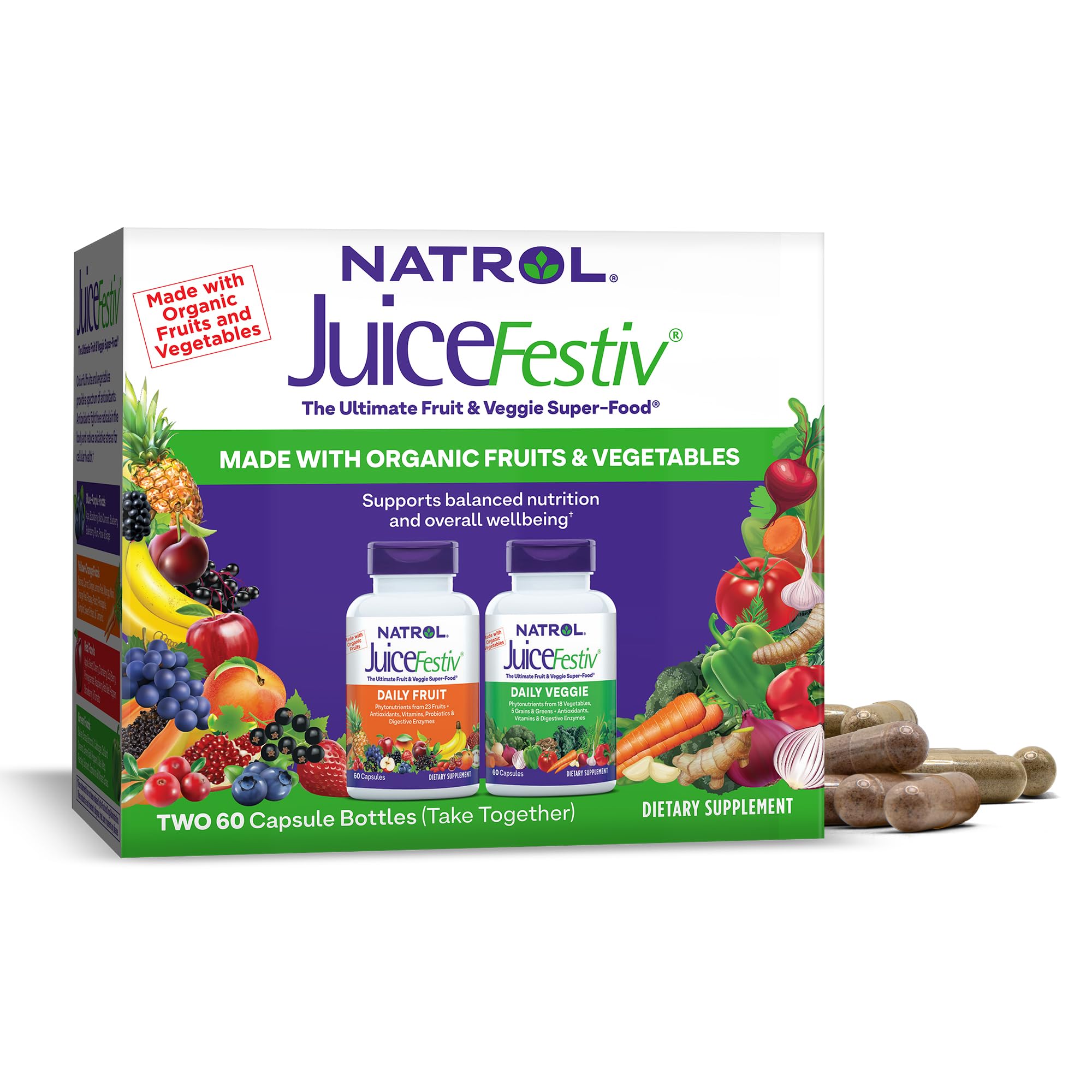 Natrol JuiceFestiv – bouteilles fruits et légumes bio pour une nutrition quotidienne pratique.