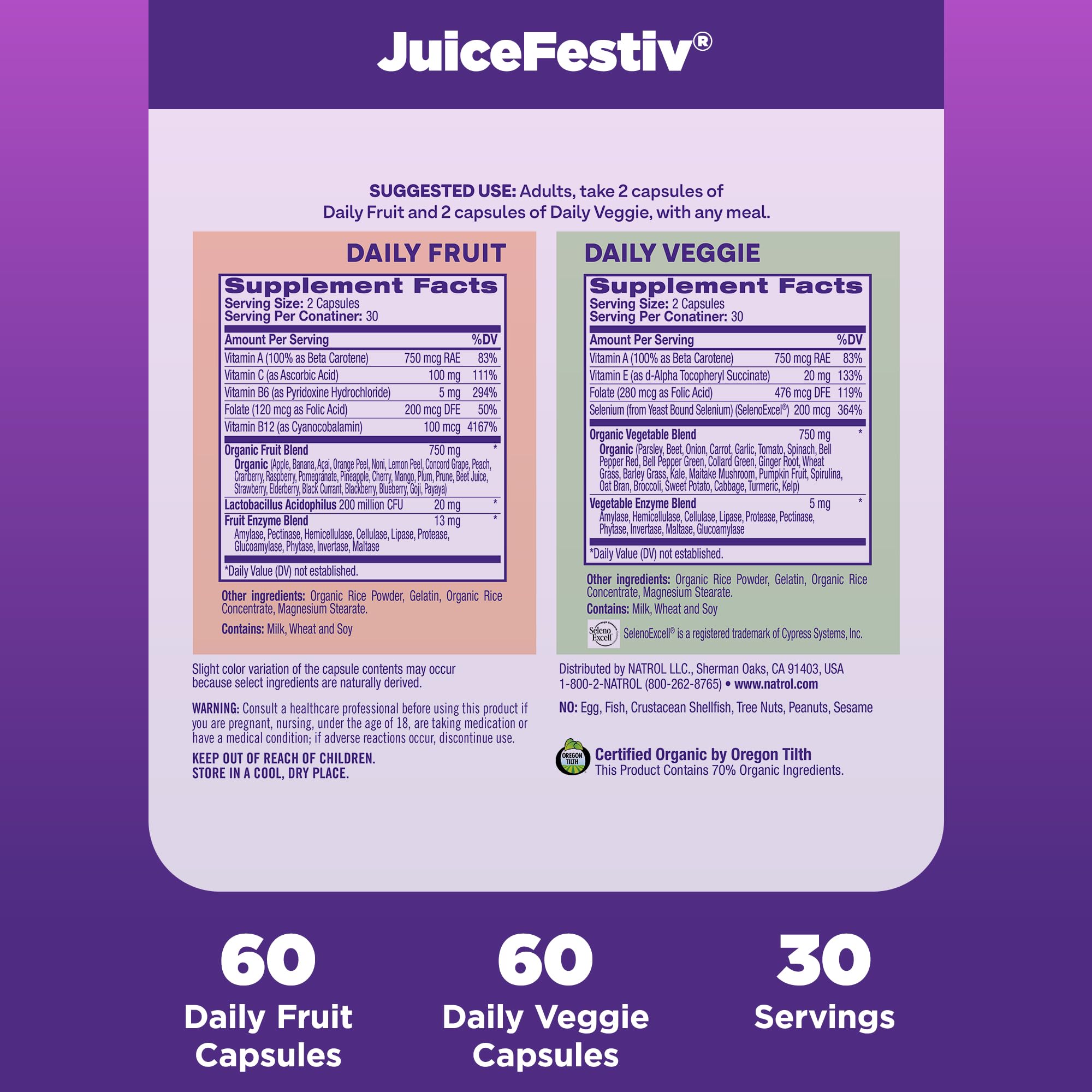 Natrol JuiceFestiv – sans œufs, poisson, crustacés, noix et sésame.