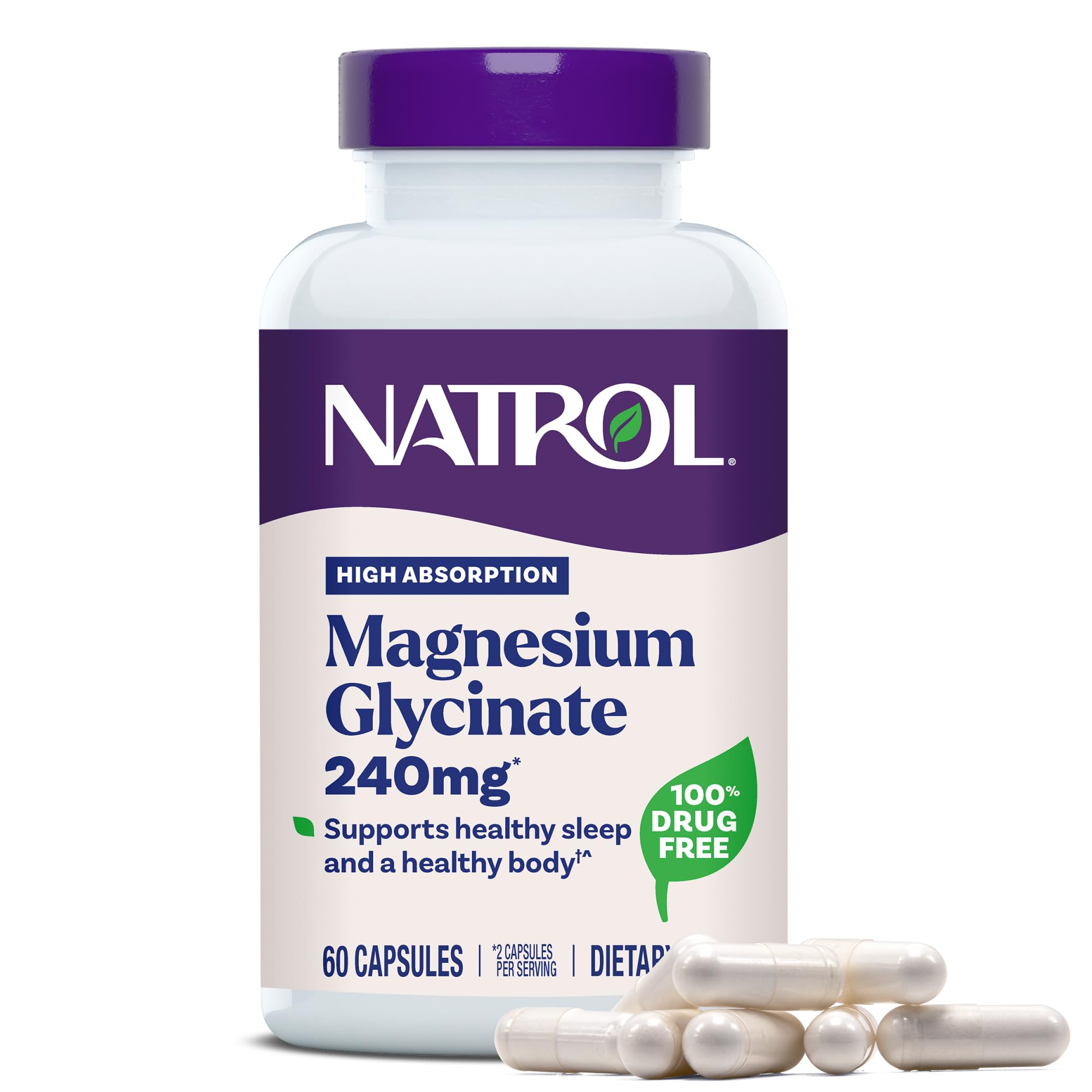 Capsules Natrol Magnésium Glycinate en bouteille avec dosage 240 mg, faciles à prendre