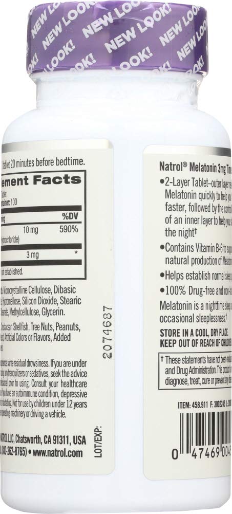 Packaging Natrol Mélatonine 3 mg illustrant une prise nocturne pratique.