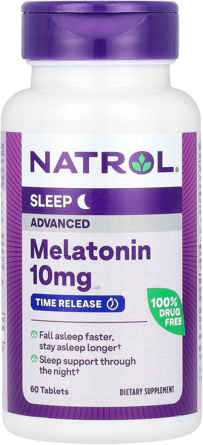 Comprimés Natrol, image d'emballage, suggèrent un soutien au sommeil et à la régularité.