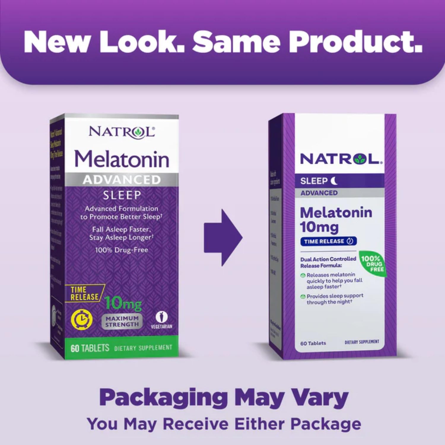 Bouteille Natrol, visuel clair, promeut un endormissement plus rapide et une nuit plus reposante.