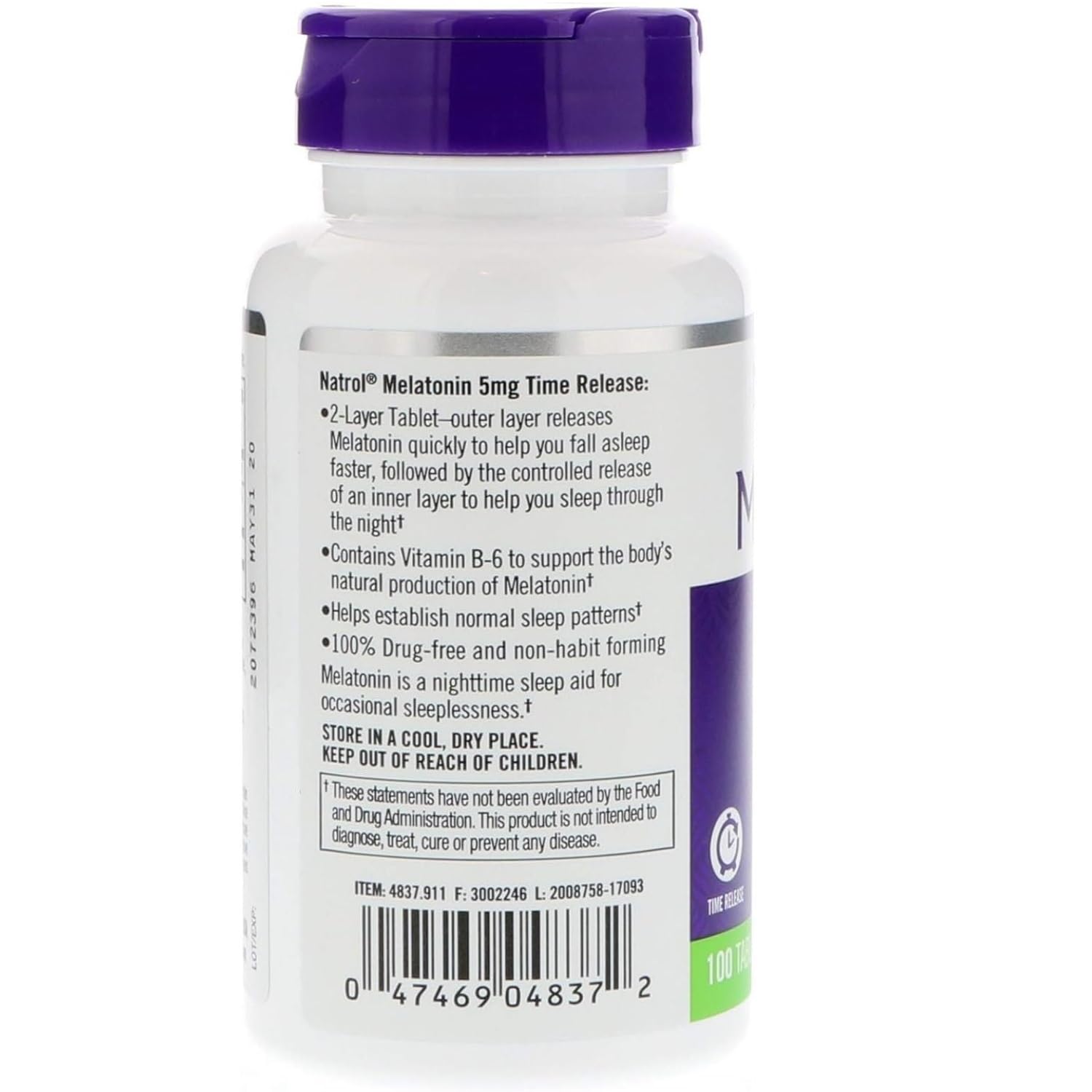 Natrol Mélatonine 5 mg – Étiquette lisible montrant le dosage et l’usage nocturne.
