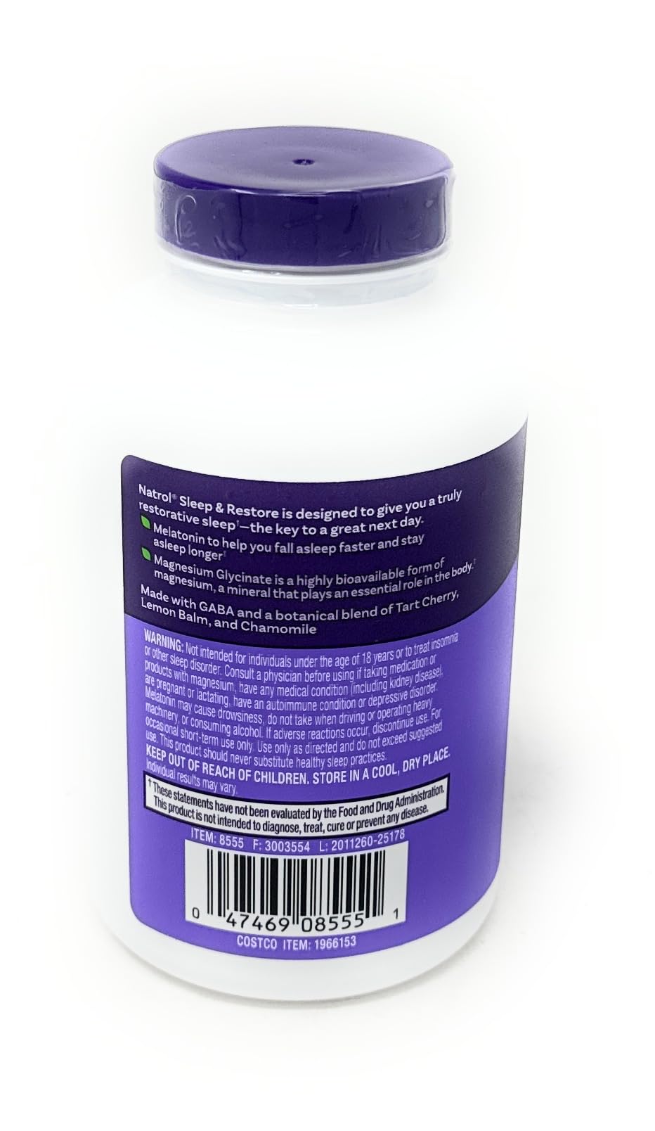 Natrol Sommeil et Restauration, contient 5 mg de mélatonine pour favoriser l’endormissement.