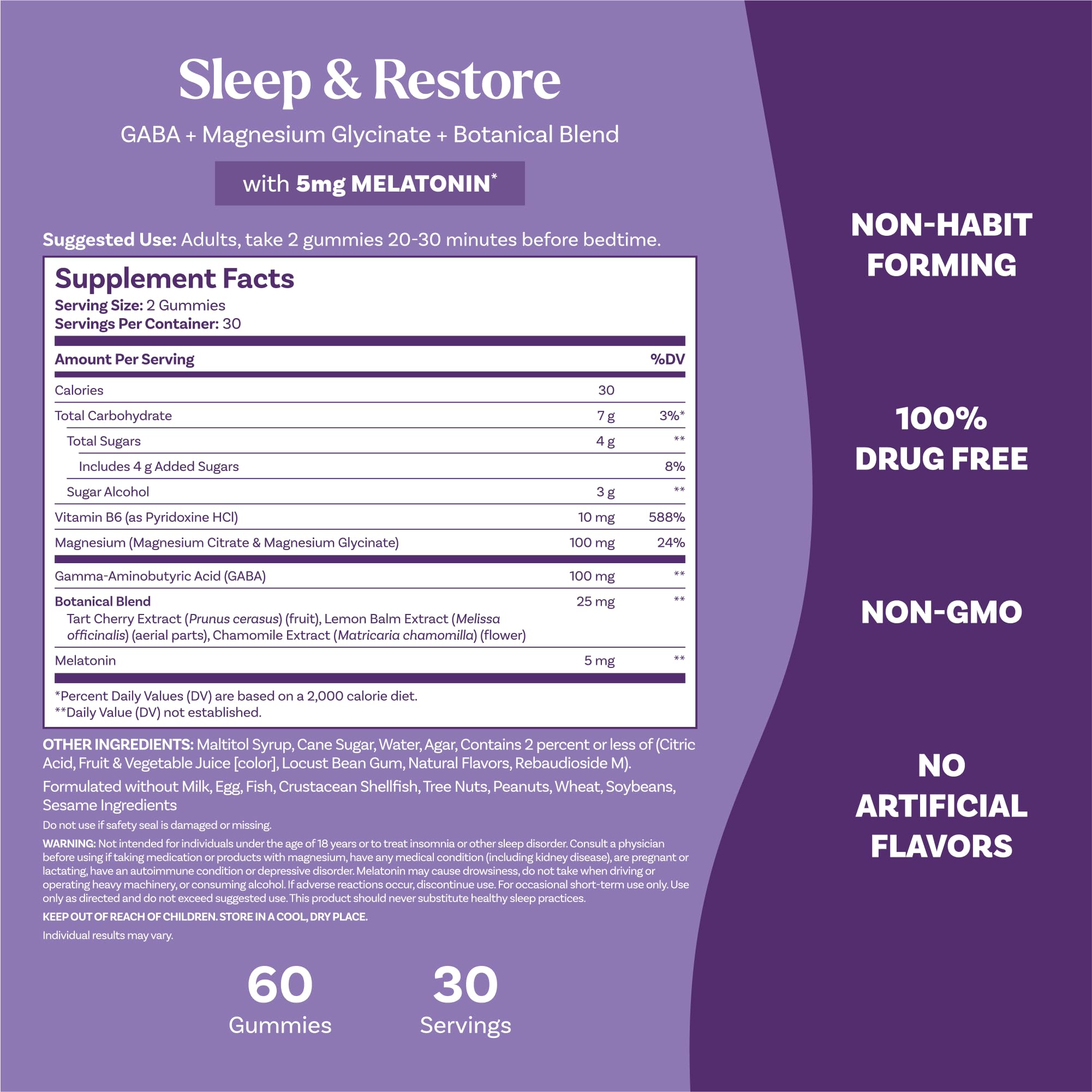 GABA ajouté dans Natrol Sleep + Restore favorisant la relaxation avant le coucher.