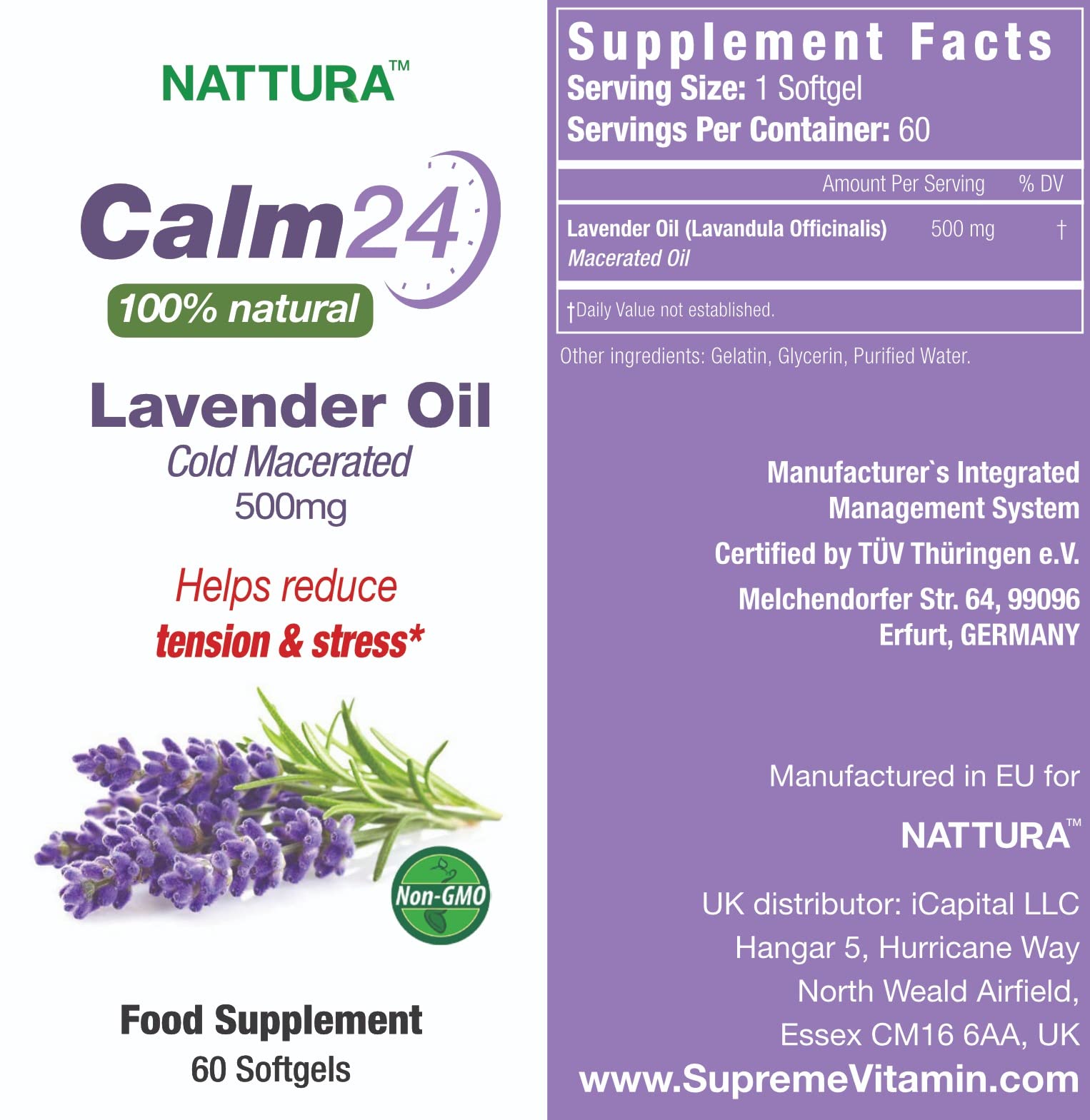 Nattura Calm Aid étiquette kasher sans OGM pour transparence