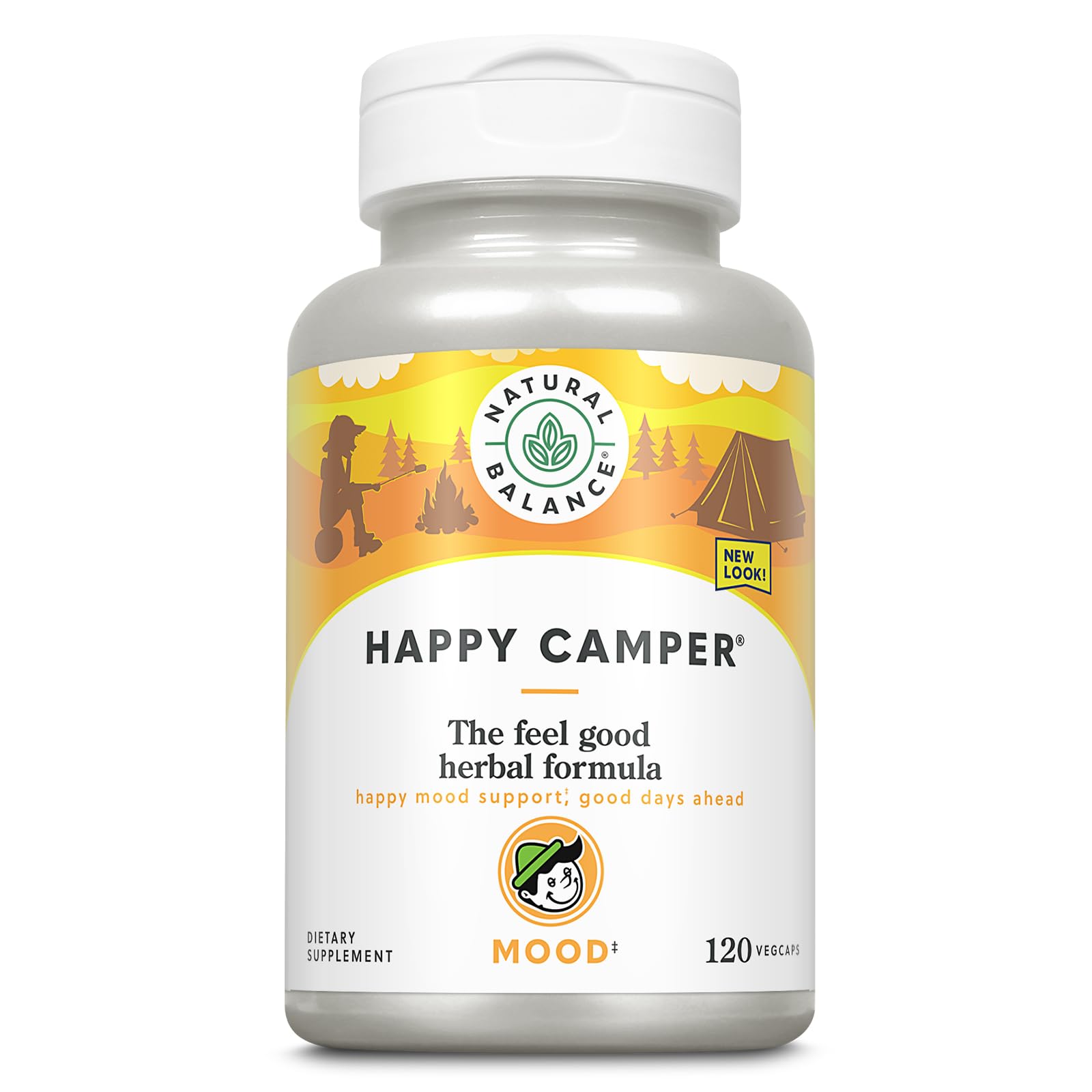 Natural Balance Happy Camper, bouteille de capsules, soutien potentiel à l'humeur dans la routine.